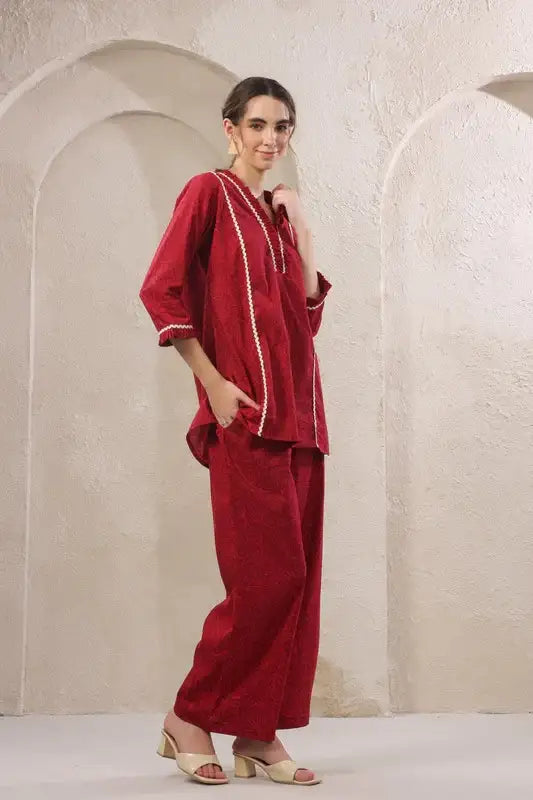 Crimson Lace Cotton Red Co-ord Set