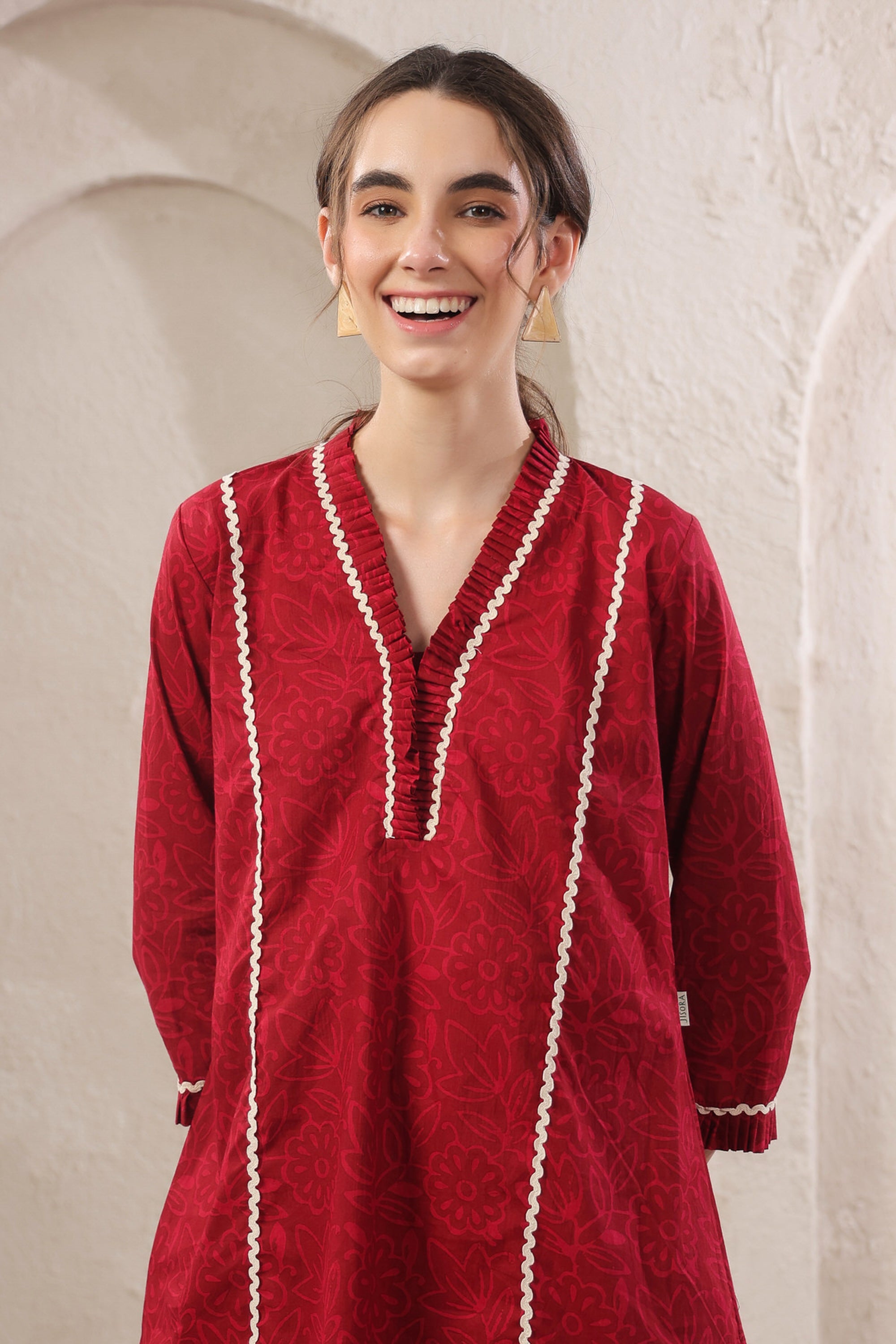 Crimson Lace Cotton Red Co-ord Set