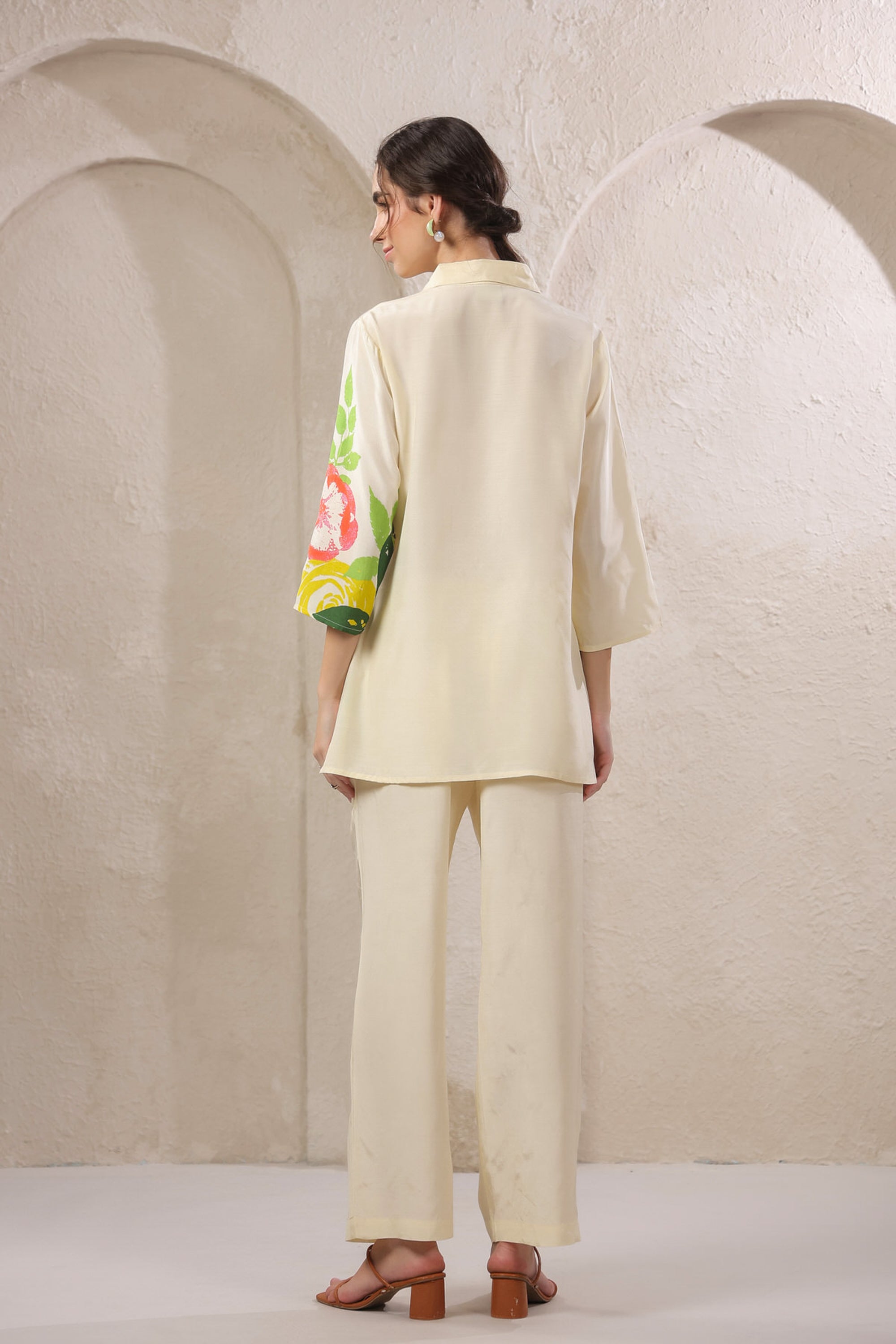 Beige Mosaic Floral Russian Silk Co-ord Set