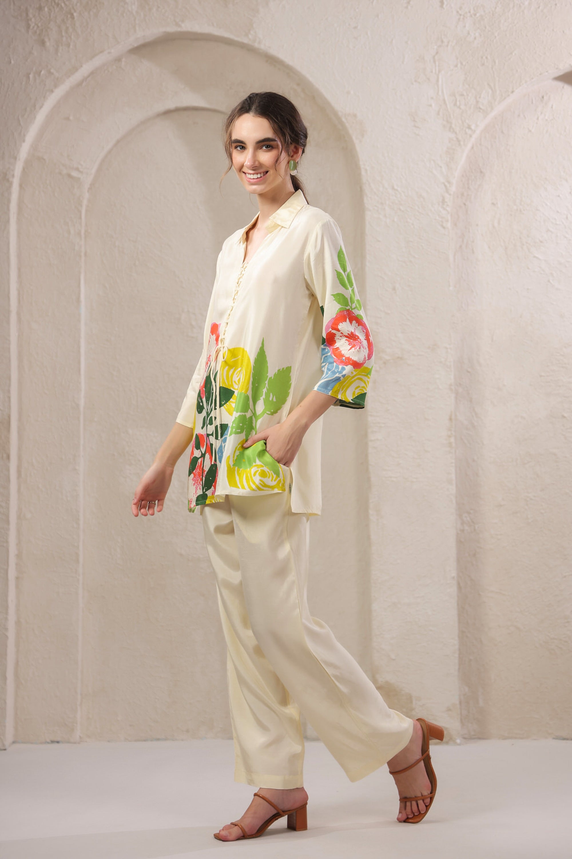 Beige Mosaic Floral Russian Silk Co-ord Set