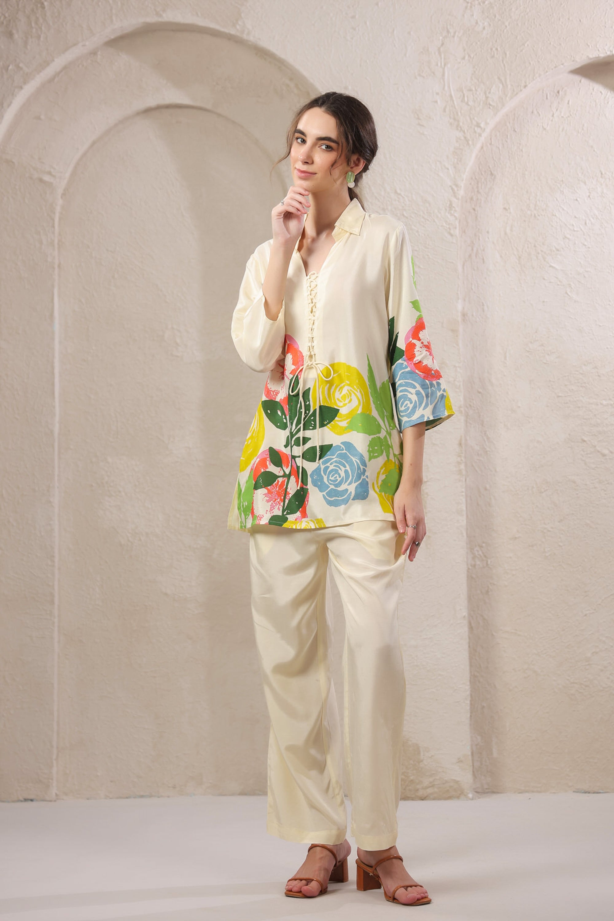 Beige Mosaic Floral Russian Silk Co-ord Set