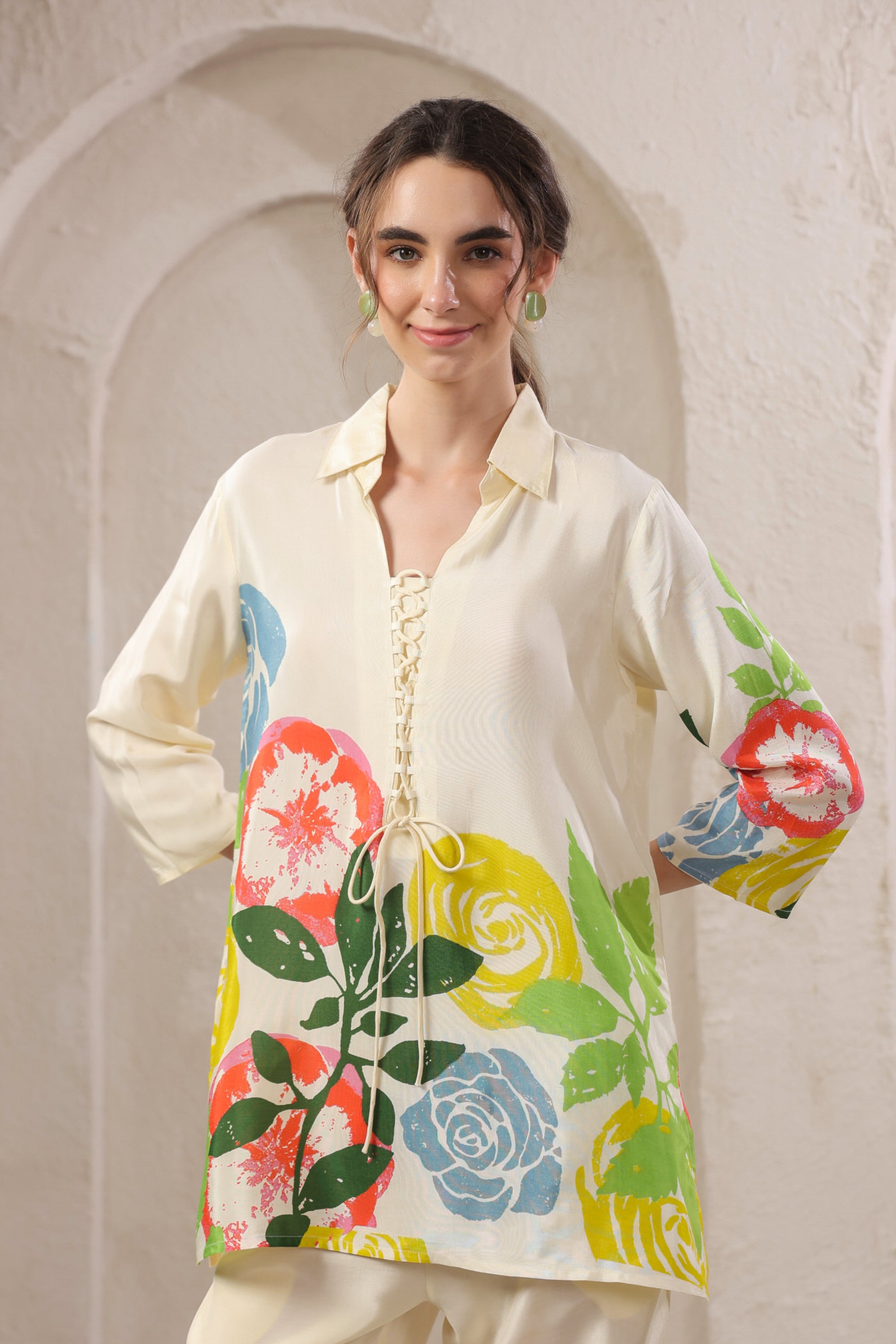 Beige Mosaic Floral Russian Silk Co-ord Set