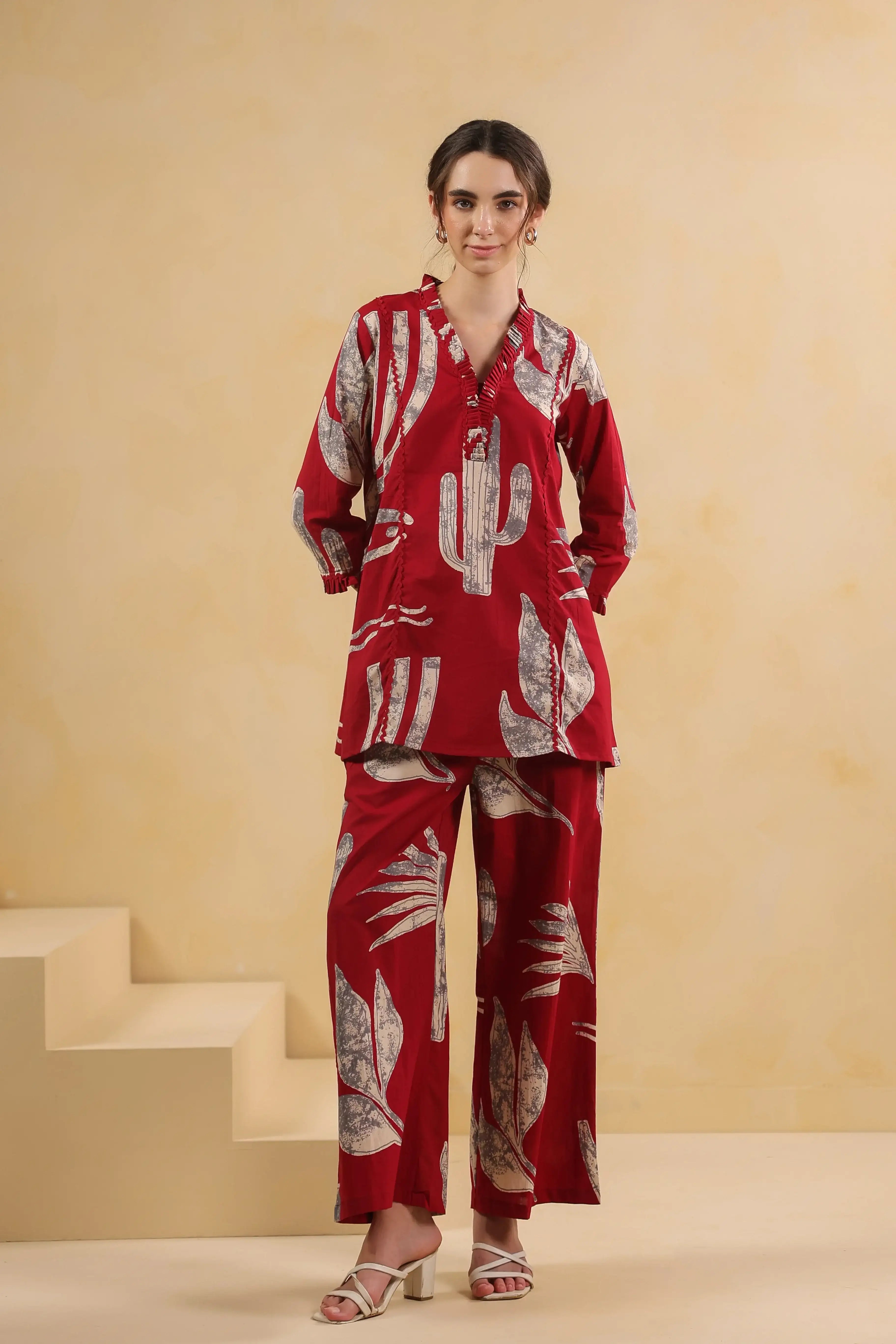 Savanna Red Cactus Cotton Red Co-ord Set