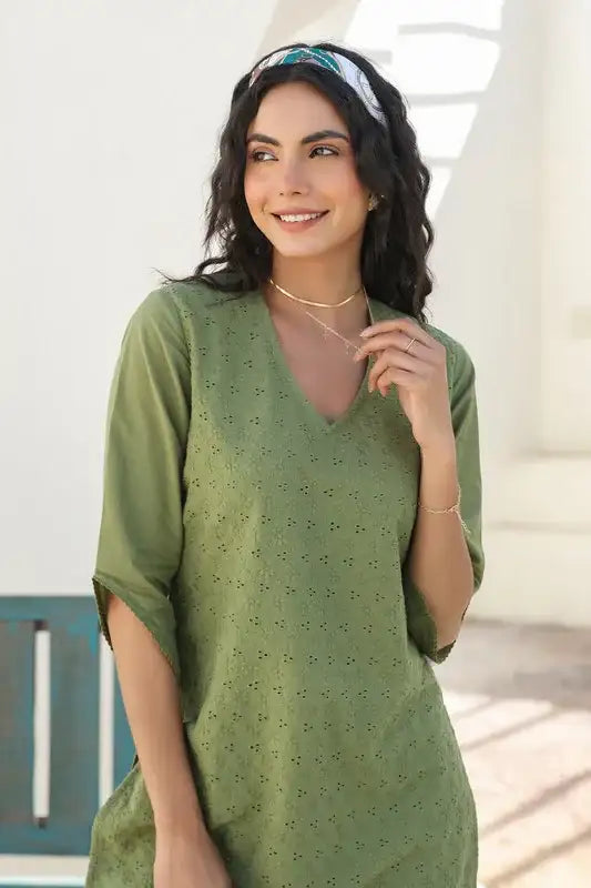 Olive Bloom Schiffli Cotton Co-ord Set