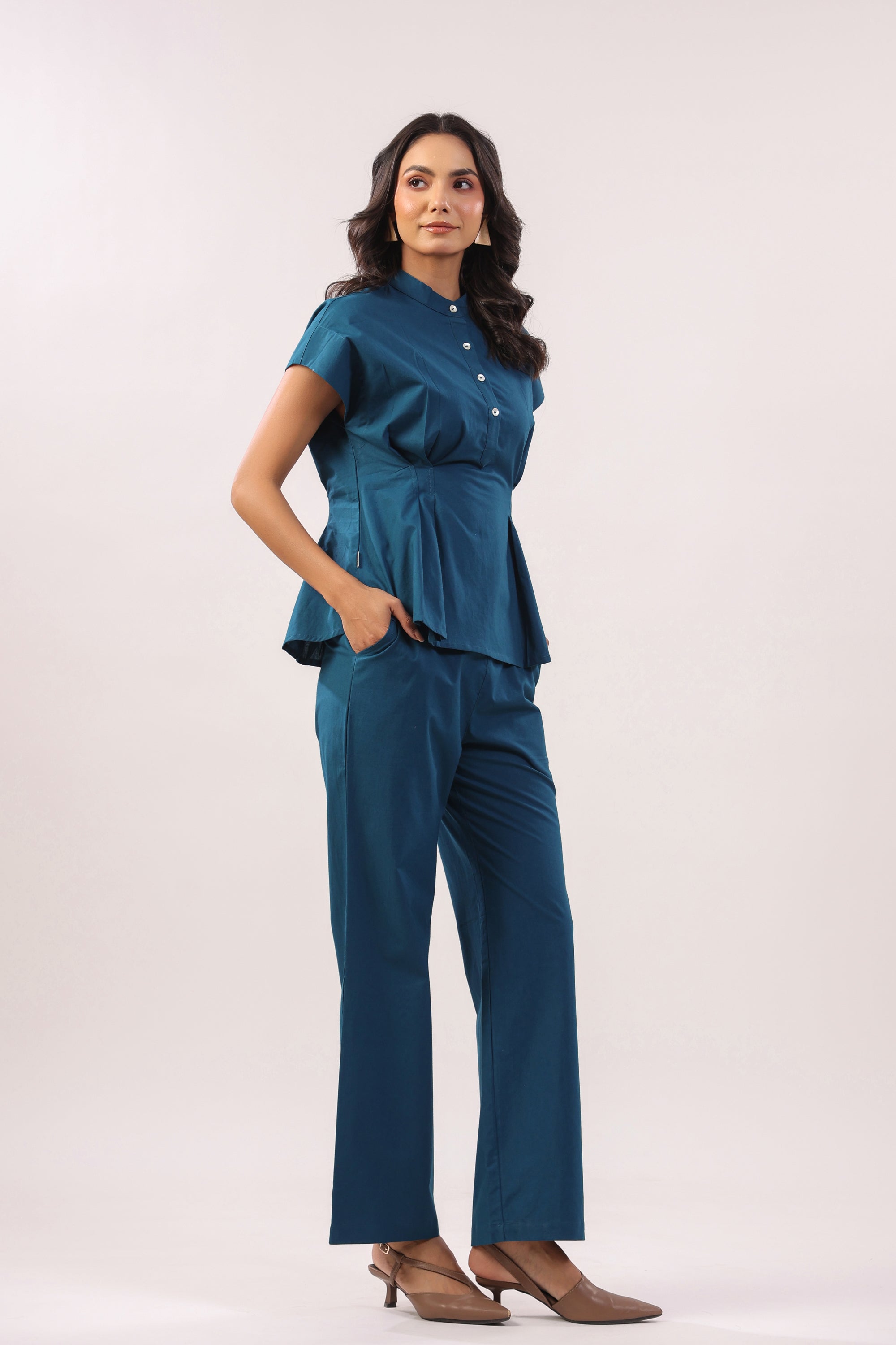 Blue Grace Solid Peplum Poplin Co-ord Set