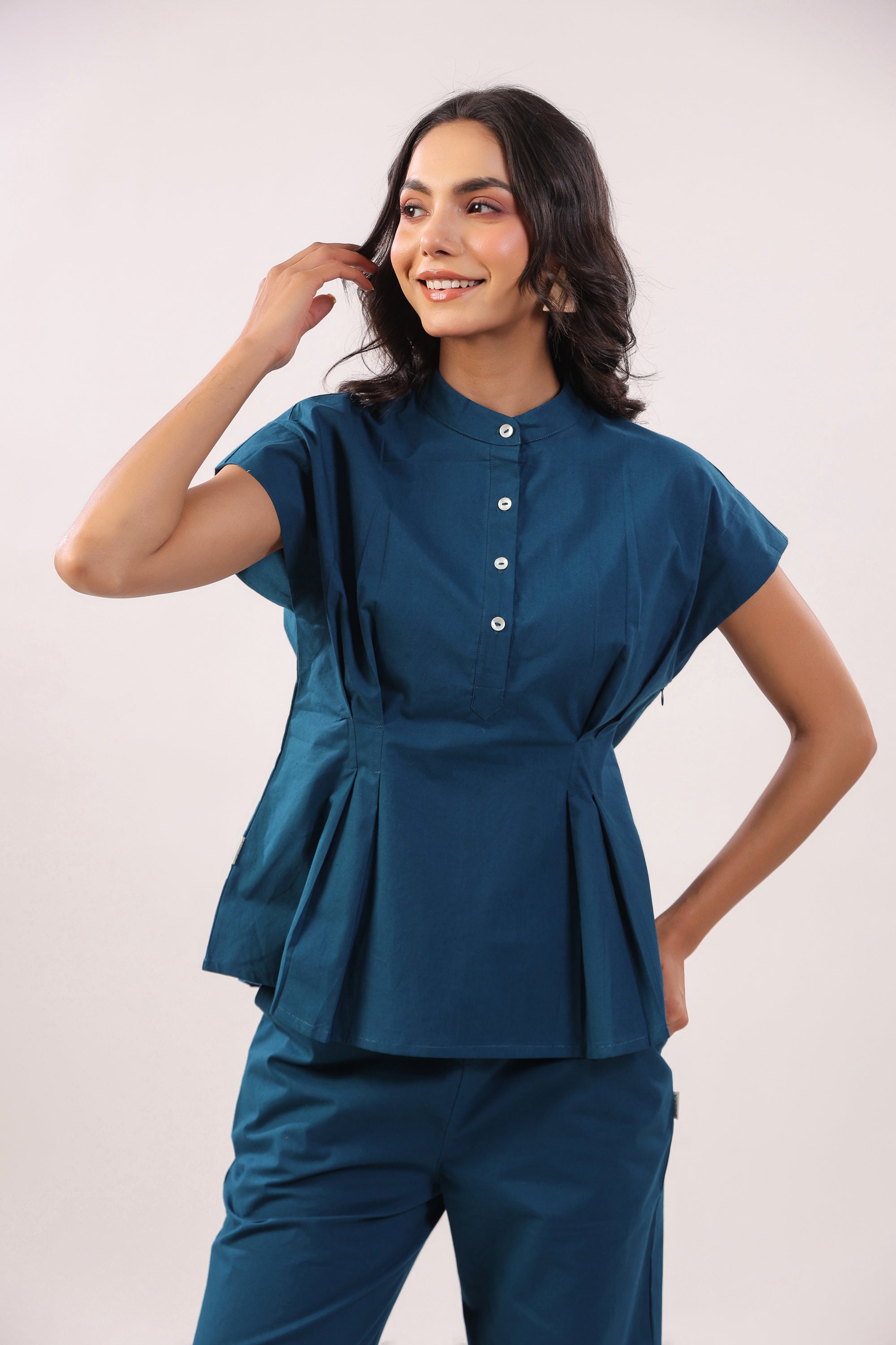 Blue Grace Solid Peplum Poplin Co-ord Set