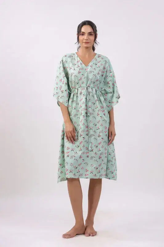 Mint Blossom Kaftan Cotton Dress