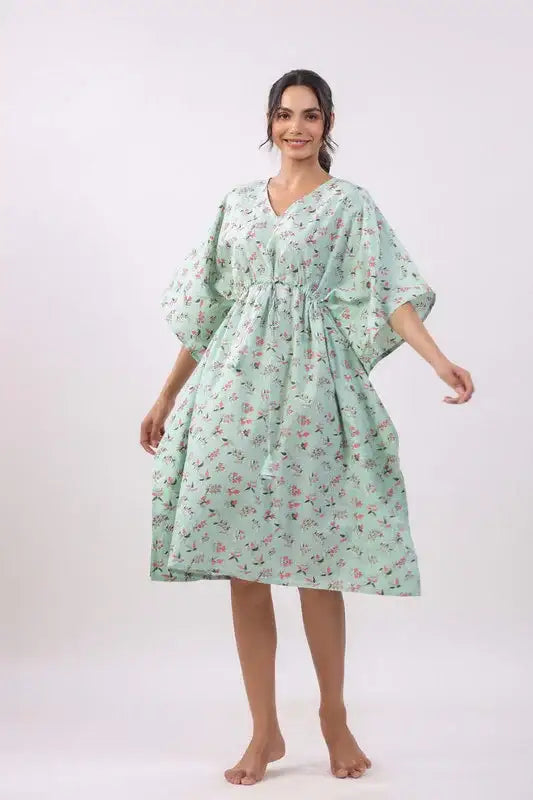 Mint Blossom Kaftan Cotton Dress