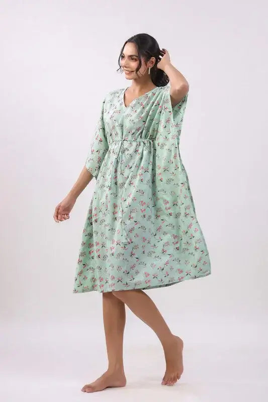 Mint Blossom Kaftan Cotton Dress