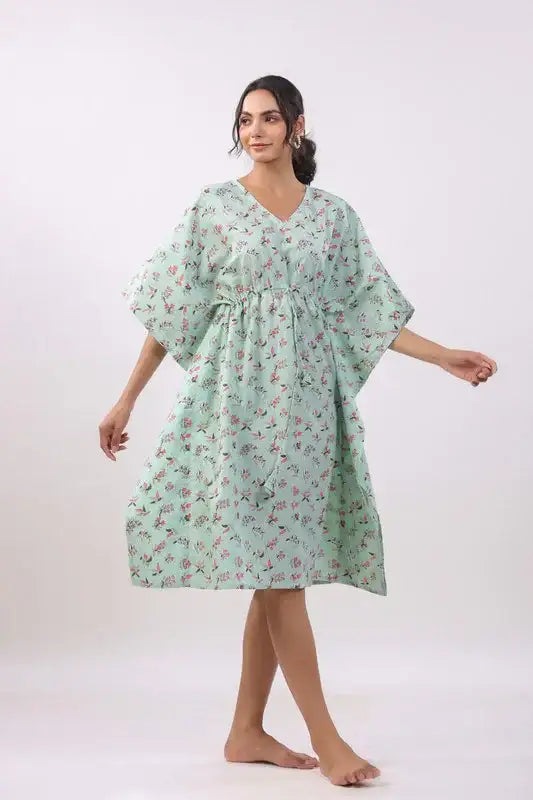 Mint Blossom Kaftan Cotton Dress