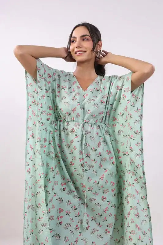 Mint Blossom Kaftan Cotton Dress