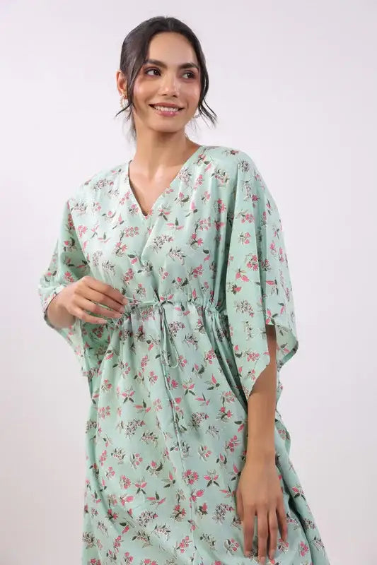 Mint Blossom Kaftan Cotton Dress