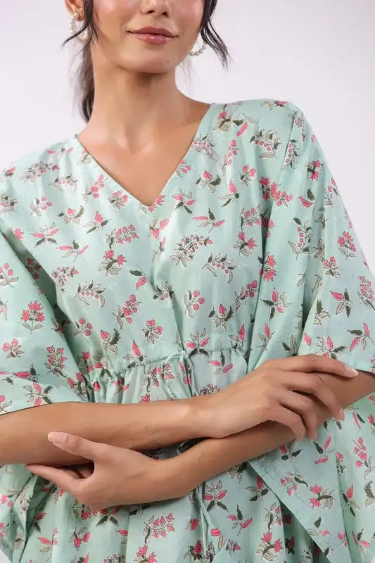 Mint Blossom Kaftan Cotton Dress