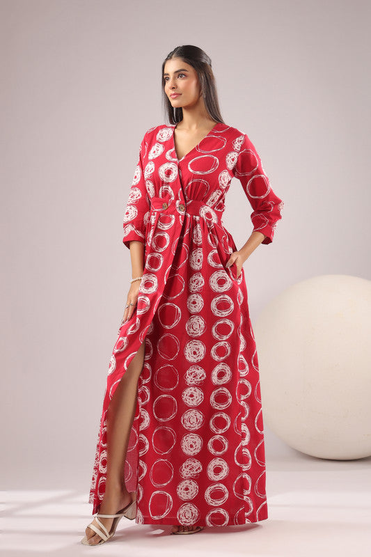 Crimson Orbit Printed Cotton Dress
