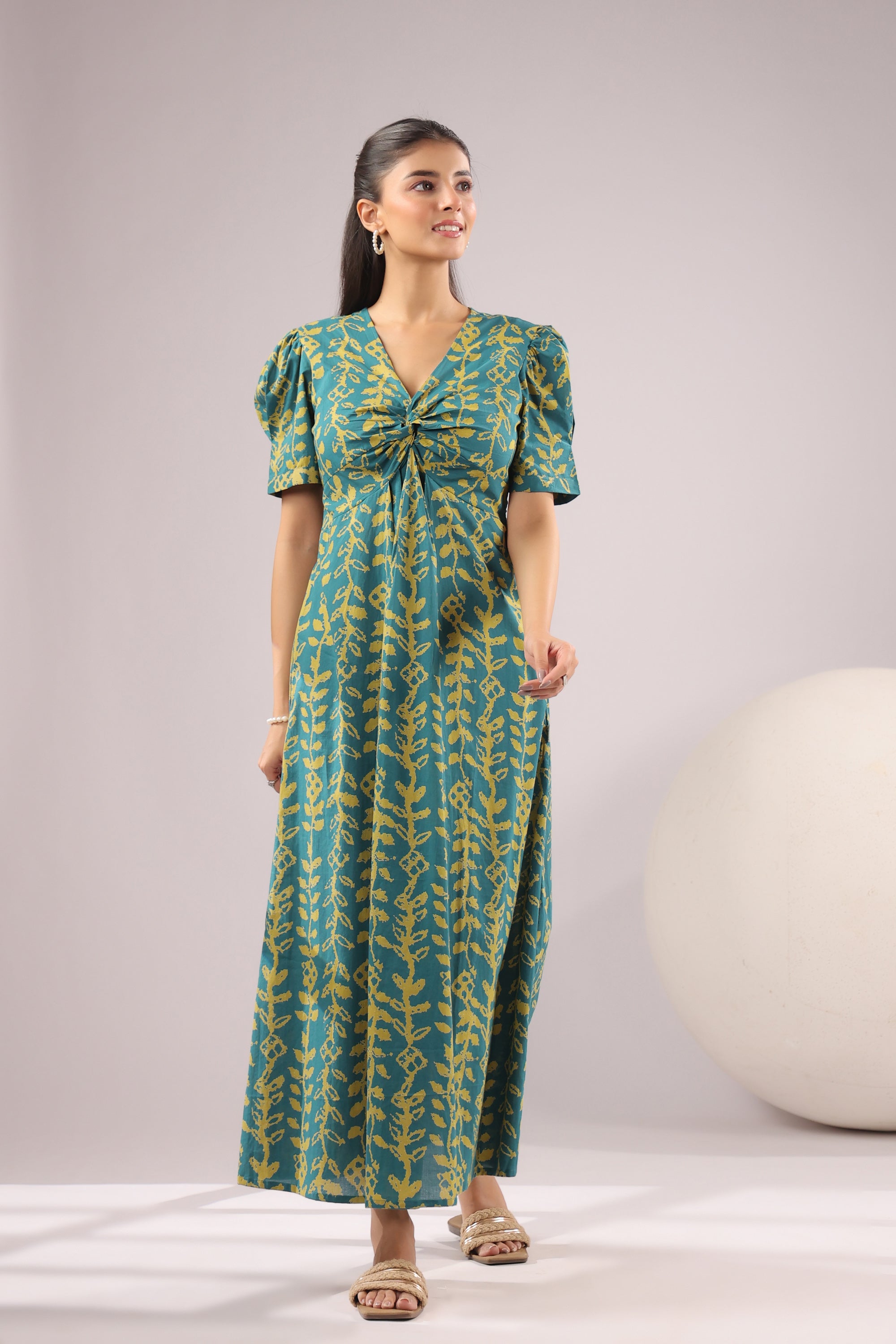 Teal Vine Printed Cotton Dress