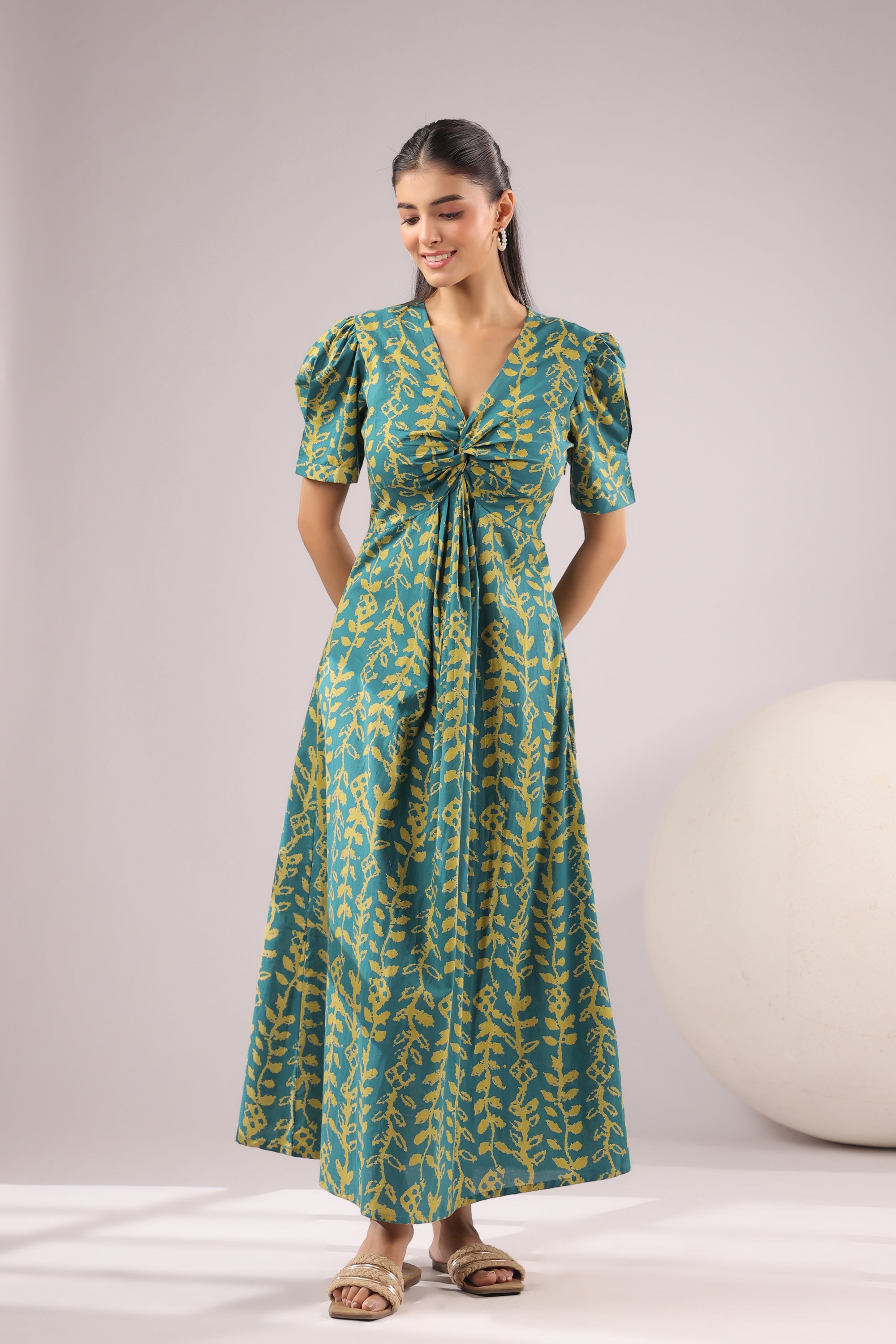 Teal Vine Printed Cotton Dress