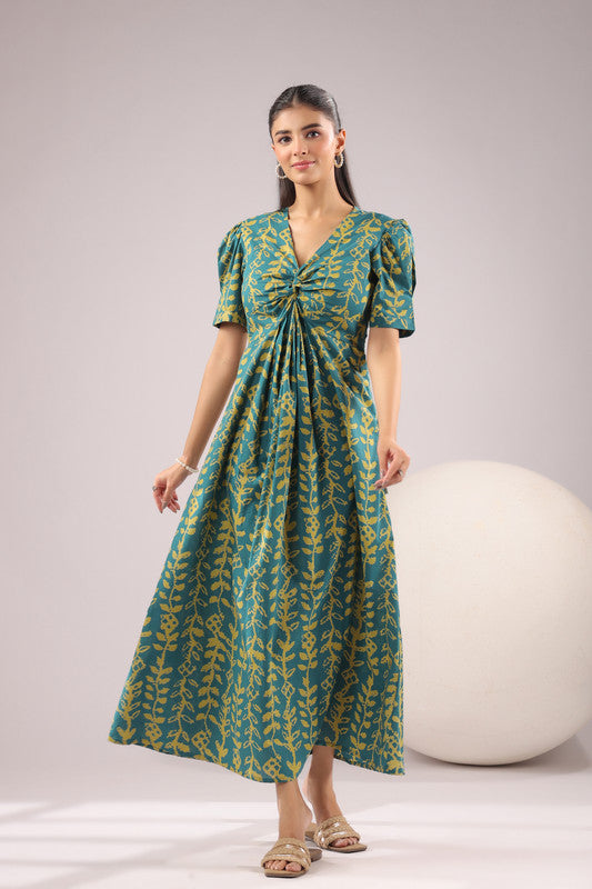 Teal Vine Printed Cotton Dress