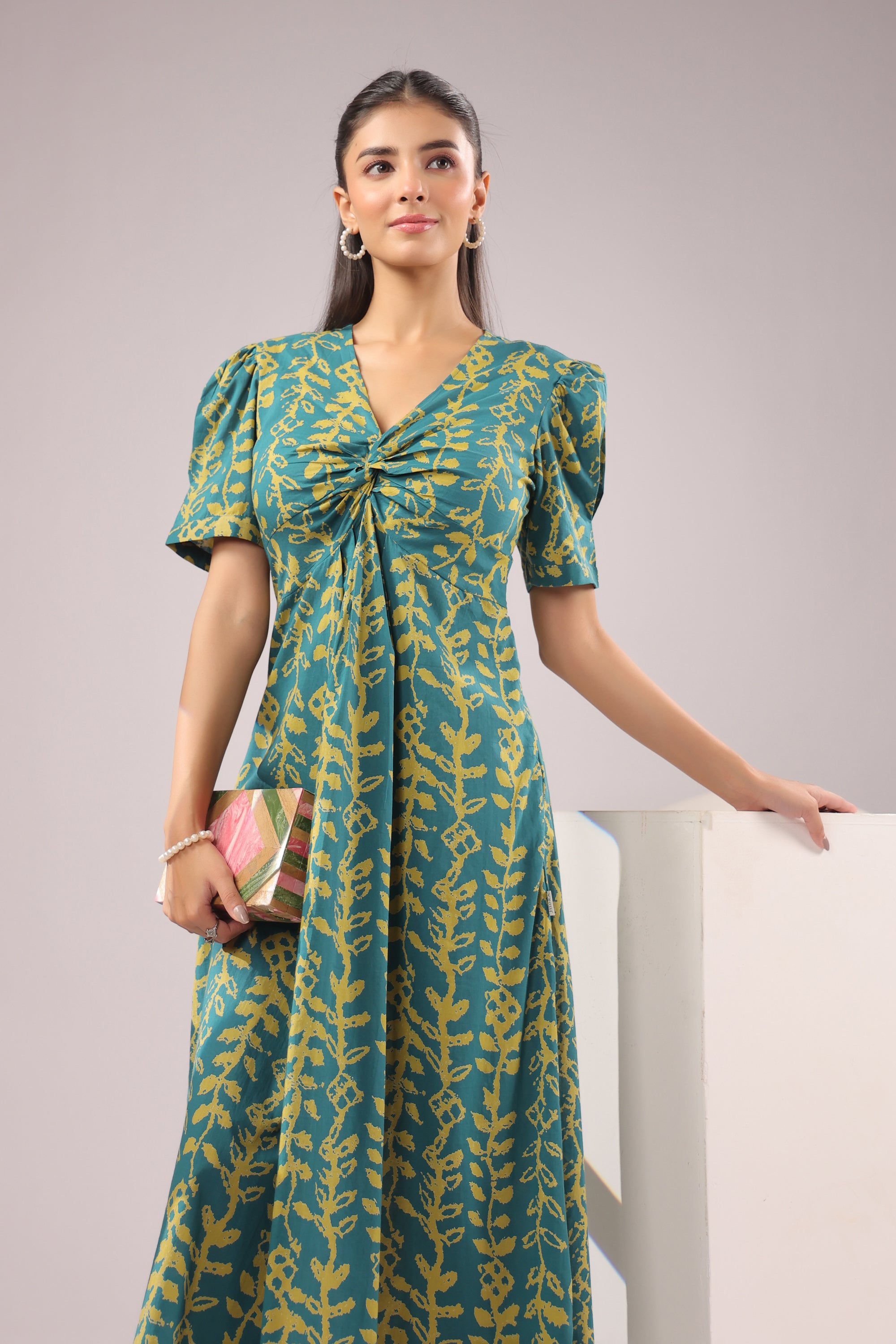 Teal Vine Printed Cotton Dress