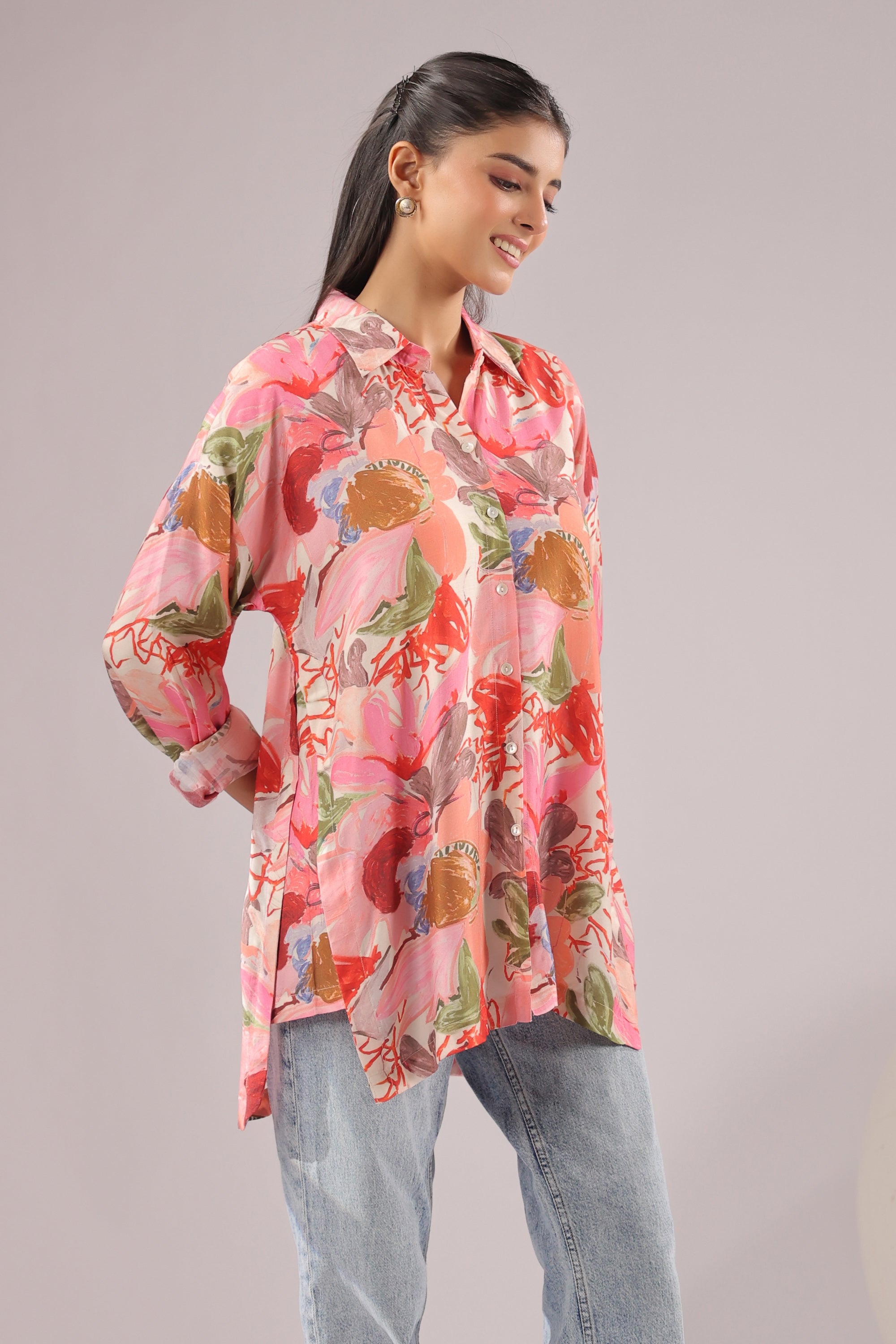 Tropical Blush Printed Muslin Silk Shirt