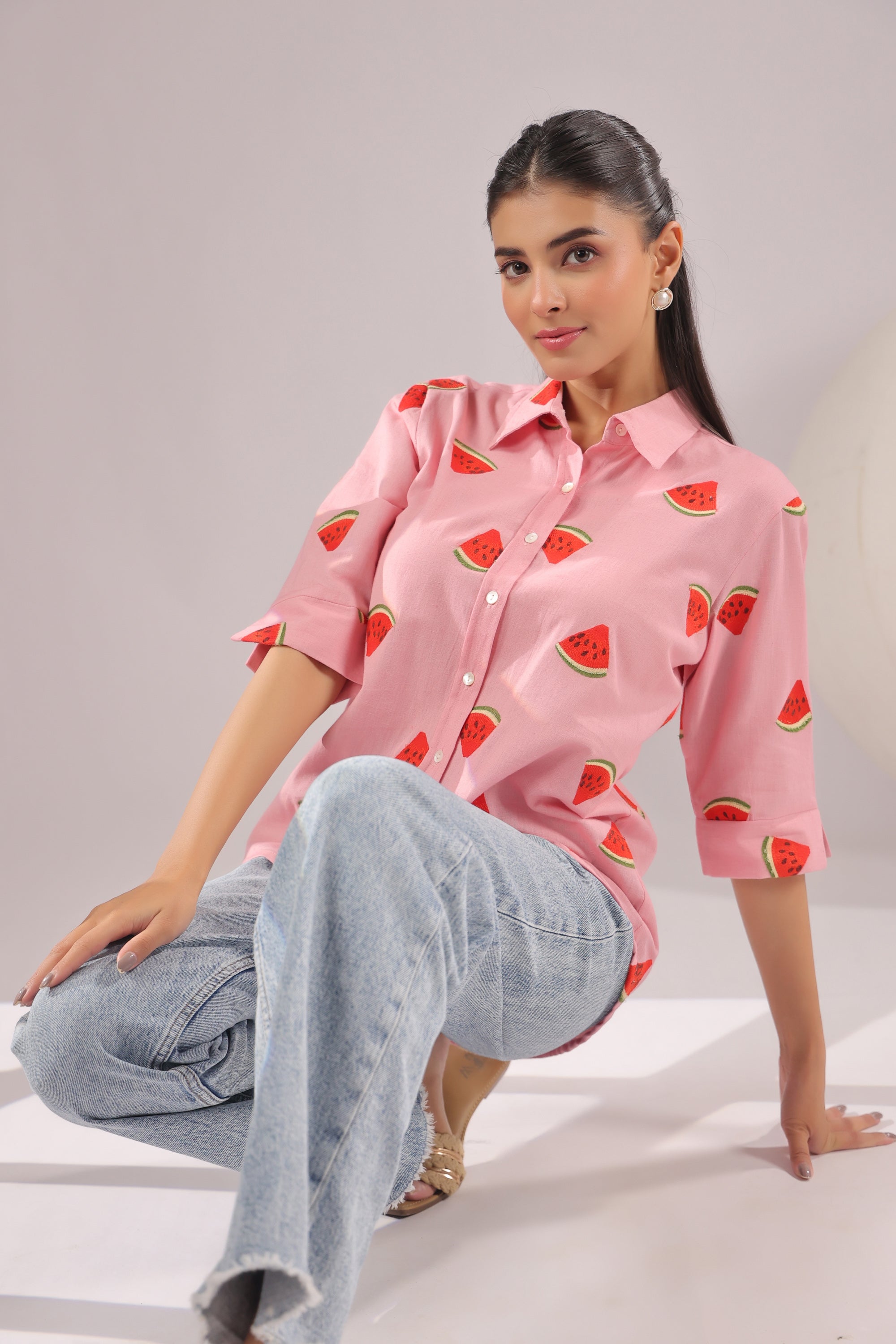 Melon Pop Embroidered Cotton Flex Shirt