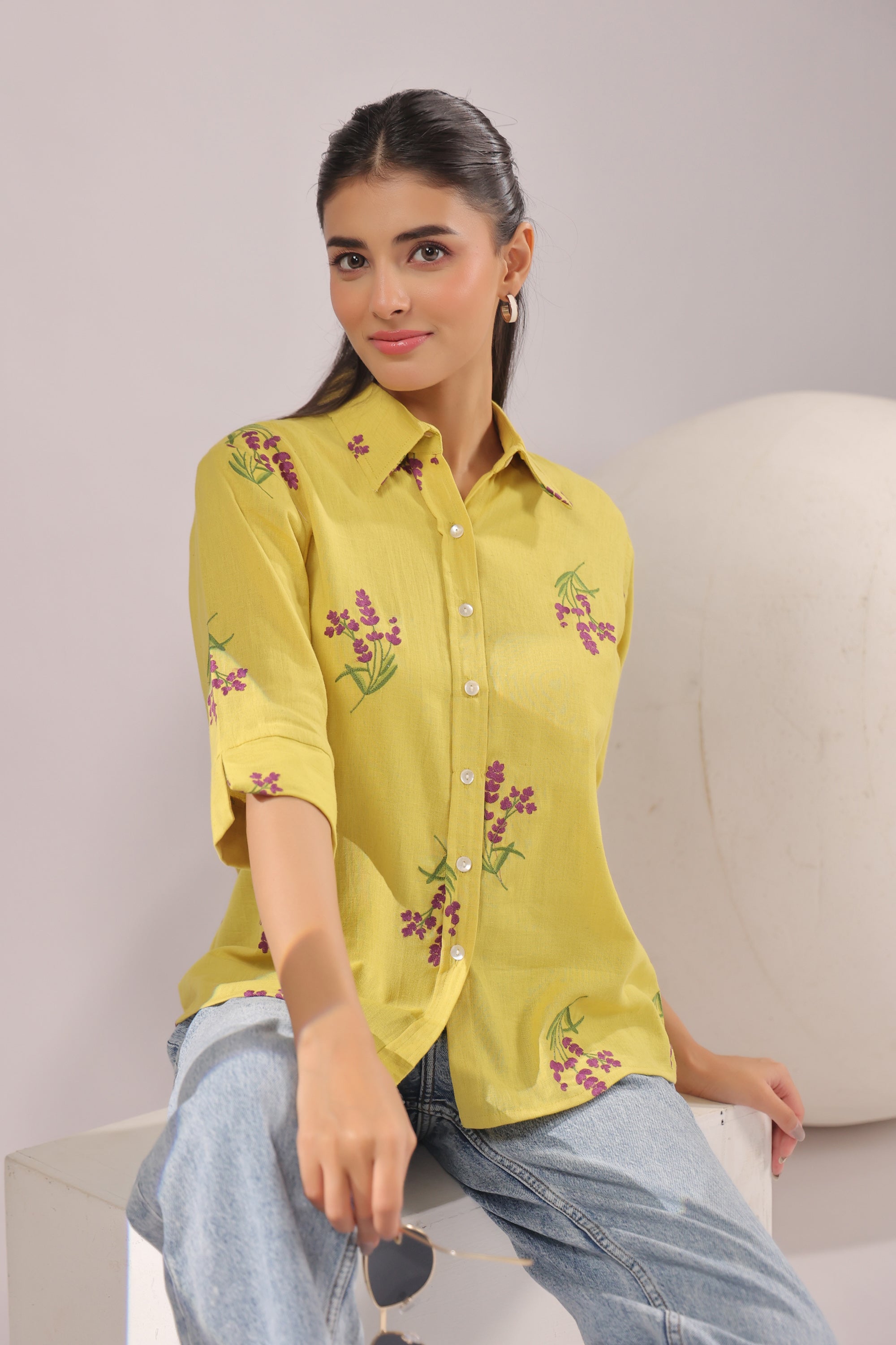 Sunny Bloom Embroidered Cotton Flex Shirt