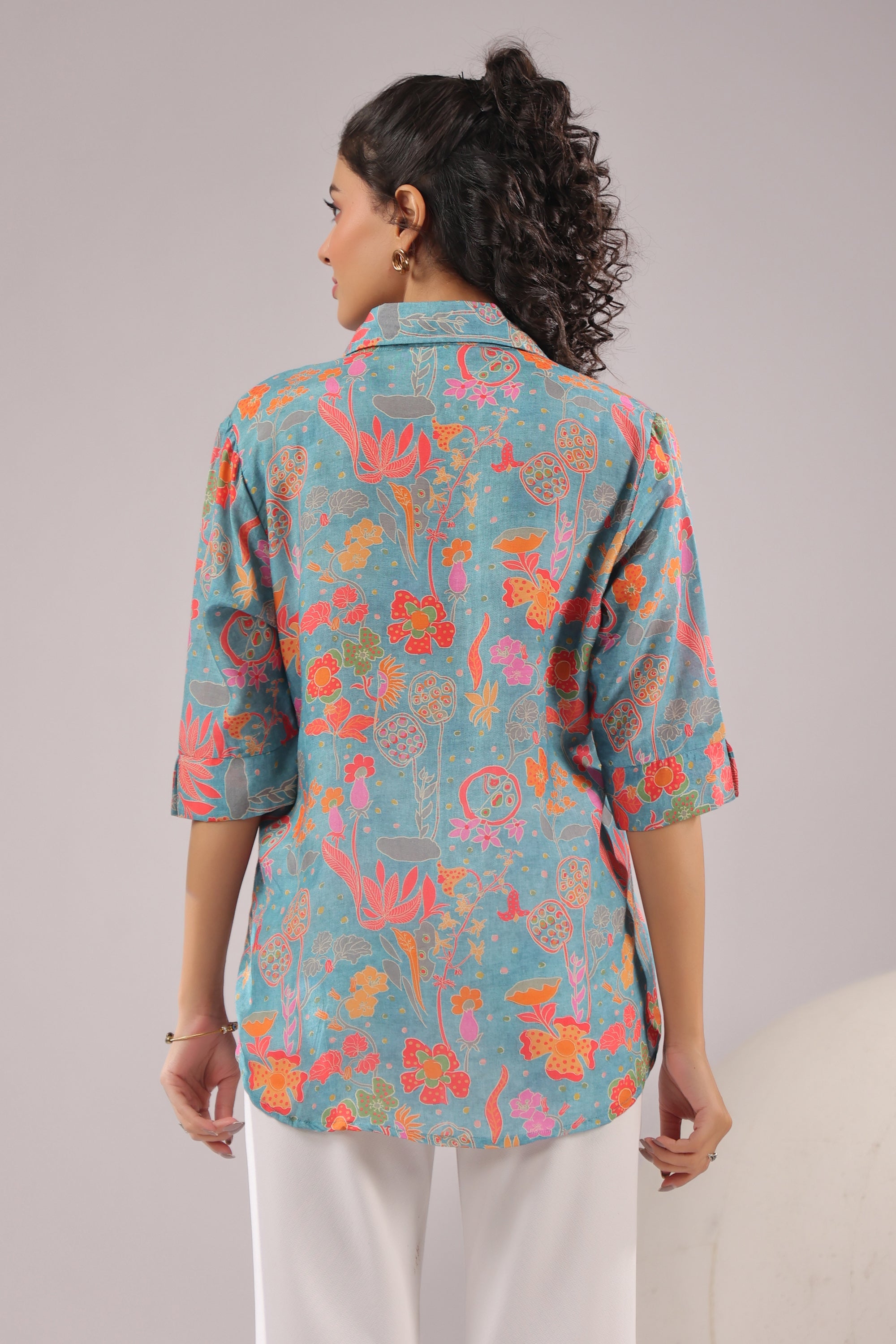 Azure Meadow Printed Muslin Silk Shirt