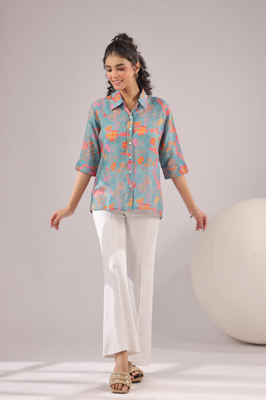 Azure Meadow Printed Muslin Silk Shirt