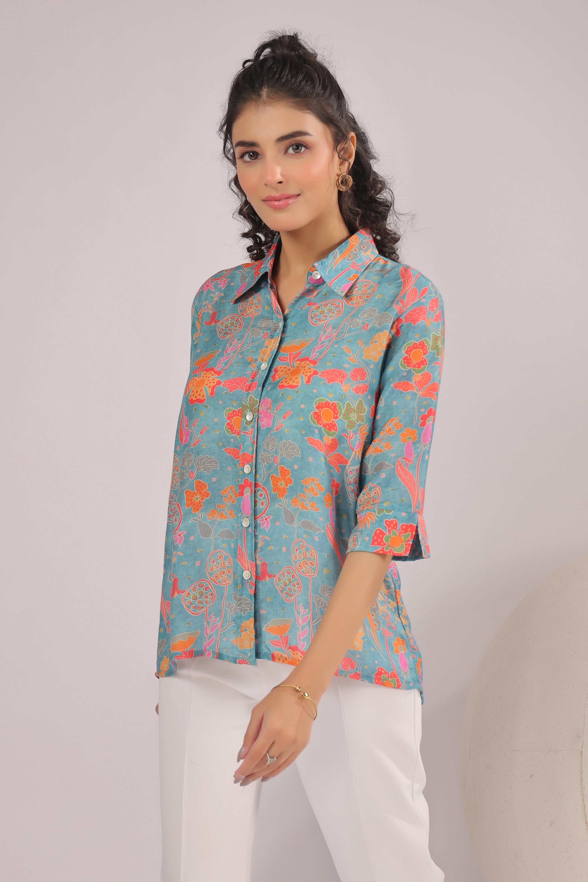 Azure Meadow Printed Muslin Silk Shirt