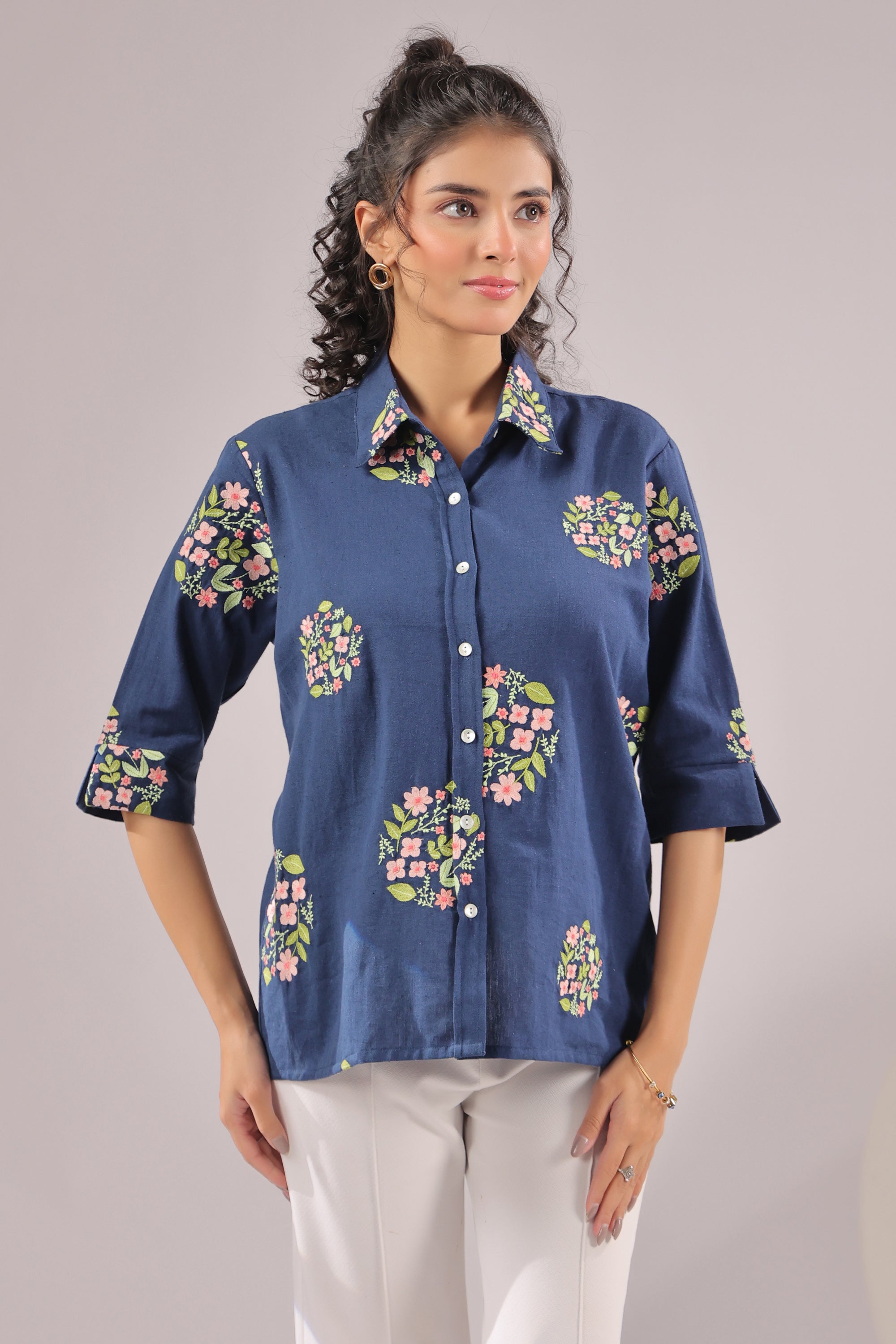 Navy Petal Embroidered Cotton Flex Shirt