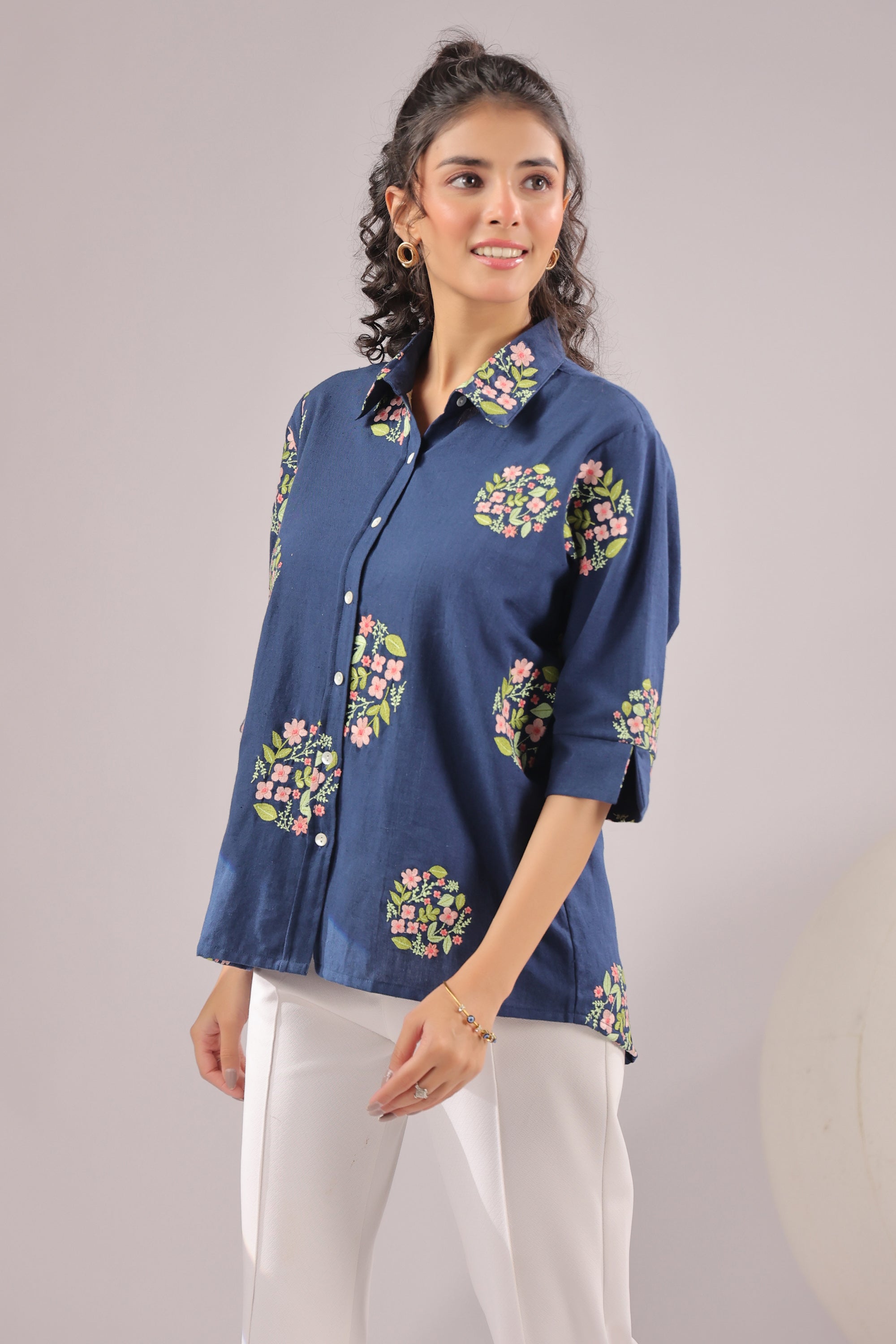 Navy Petal Embroidered Cotton Flex Shirt