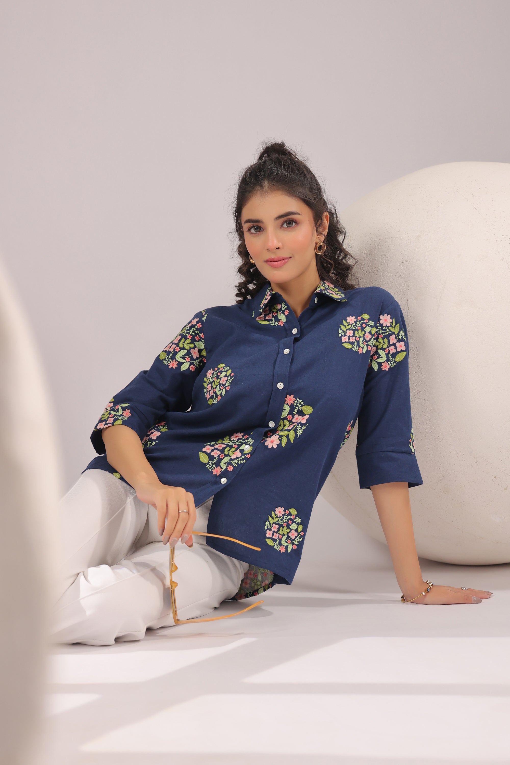 Navy Petal Embroidered Cotton Flex Shirt