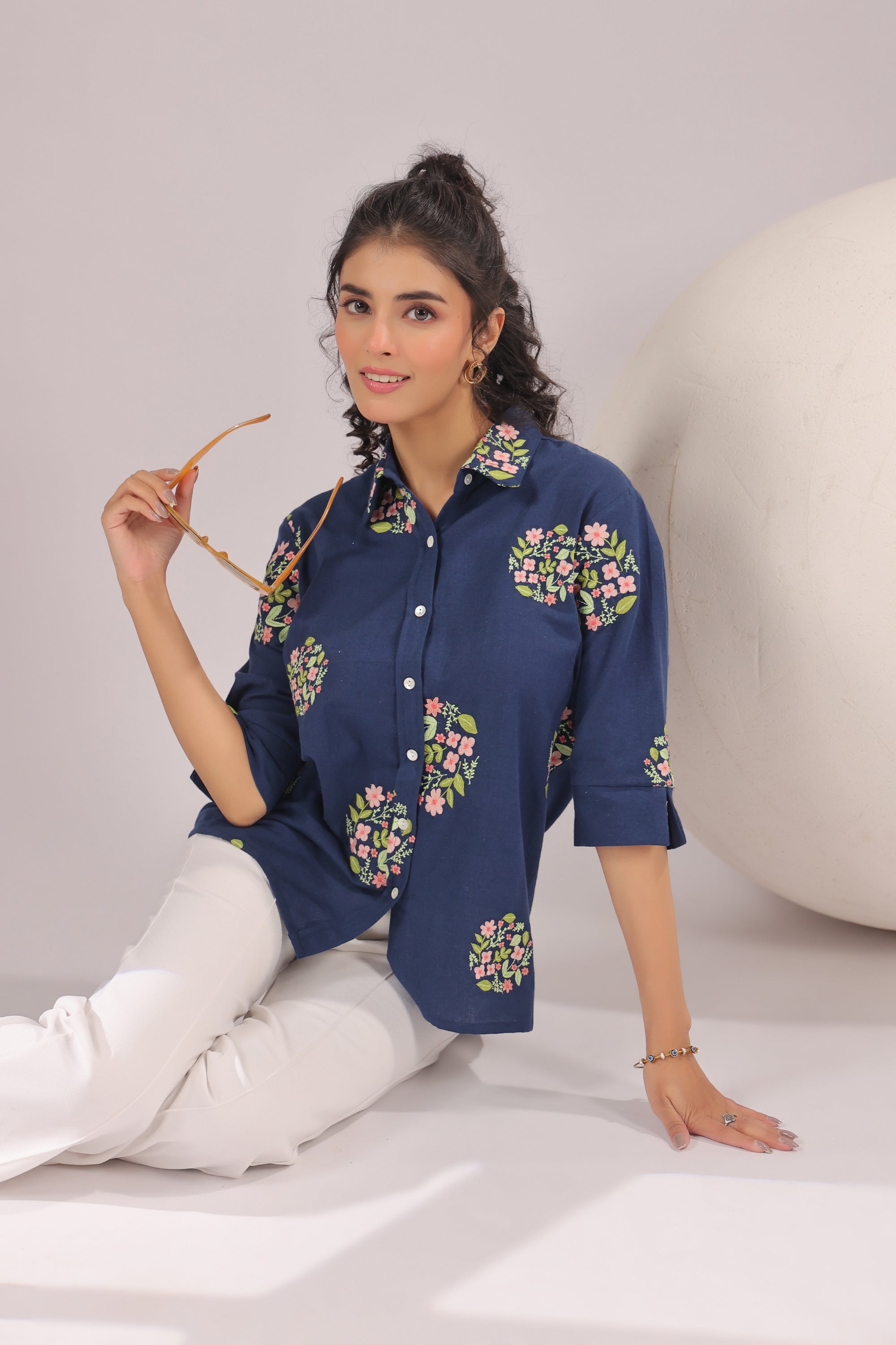 Navy Petal Embroidered Cotton Flex Shirt