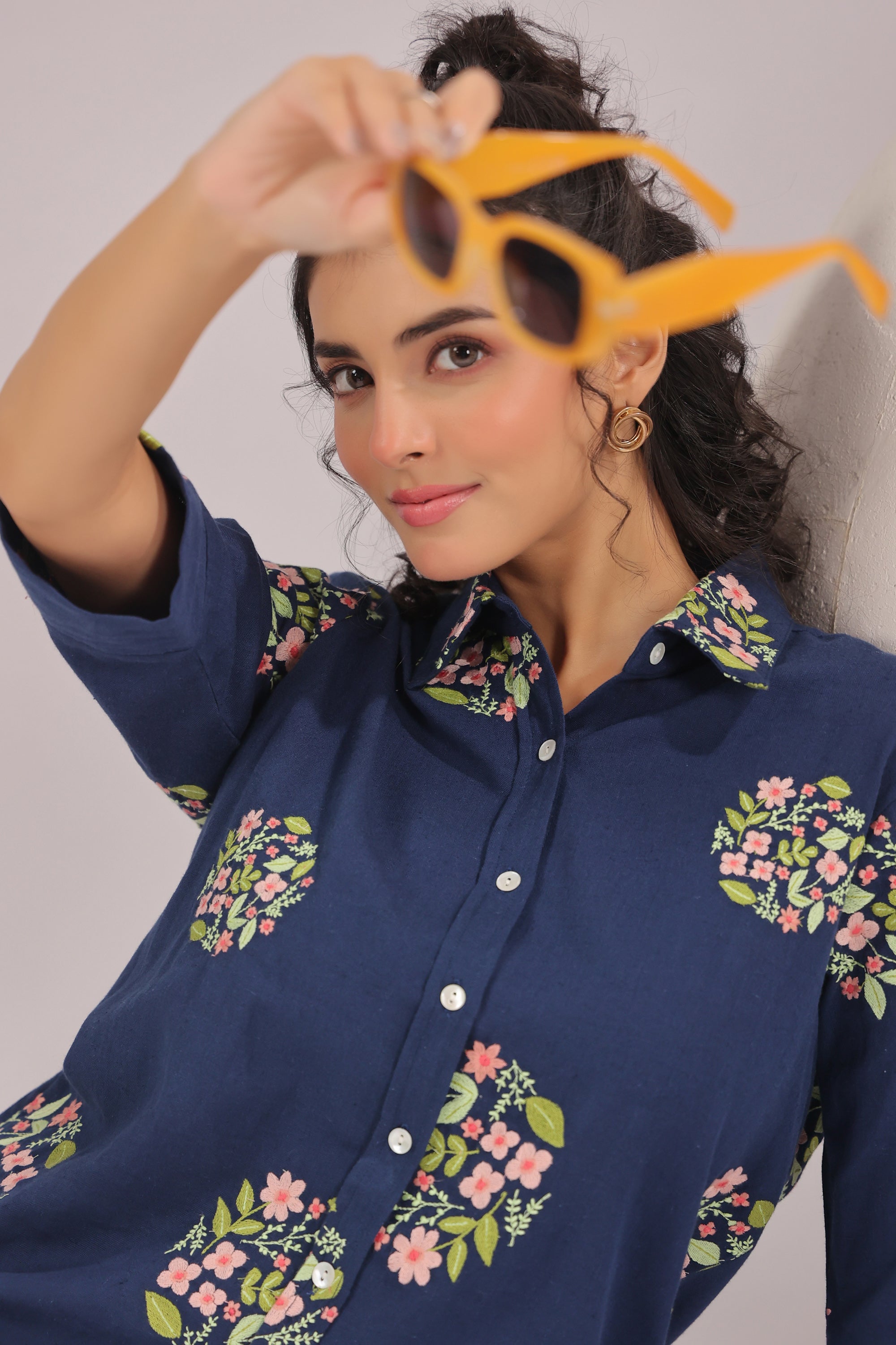 Navy Petal Embroidered Cotton Flex Shirt