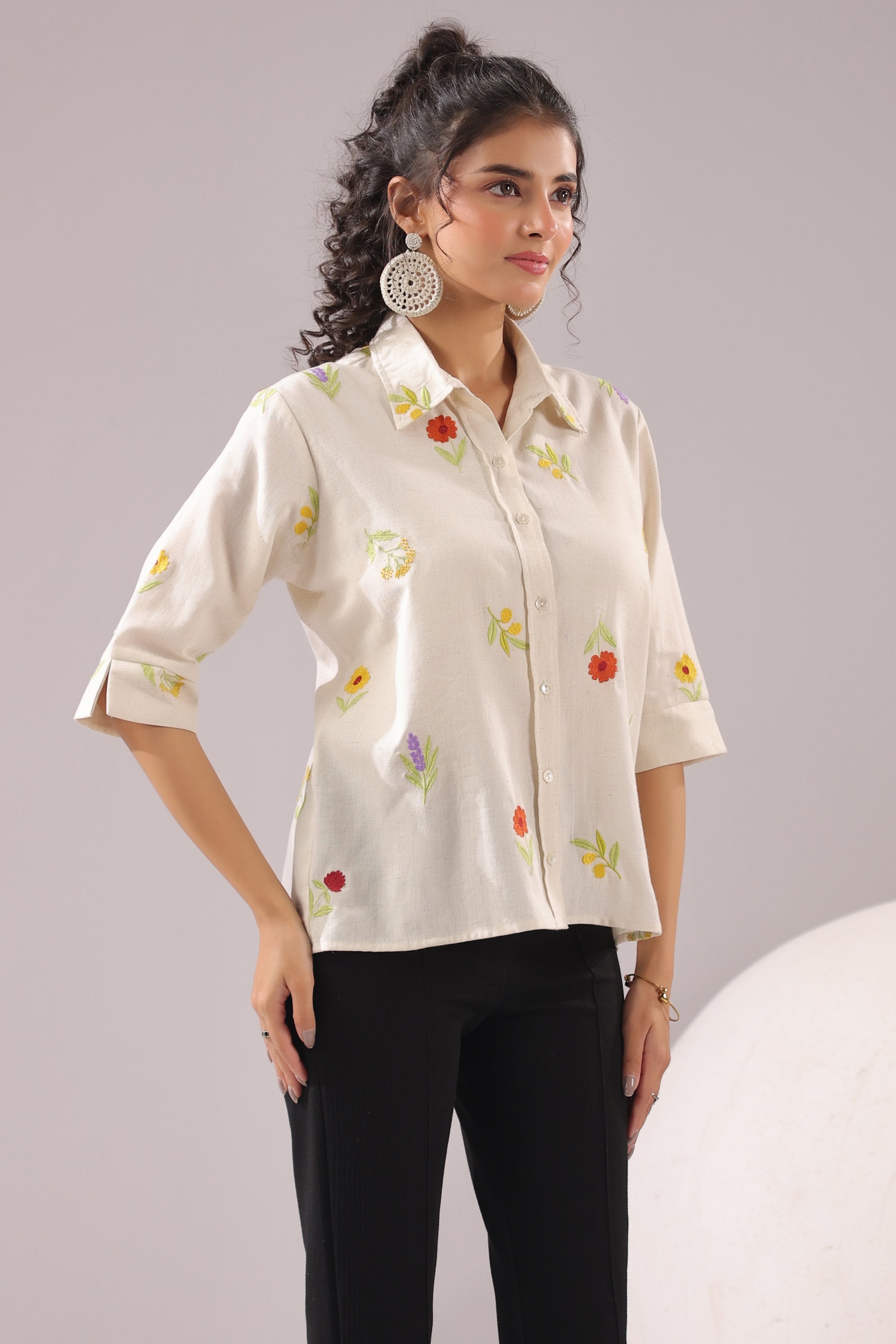 Ivory Meadow Embroidered Cotton Flex Shirt