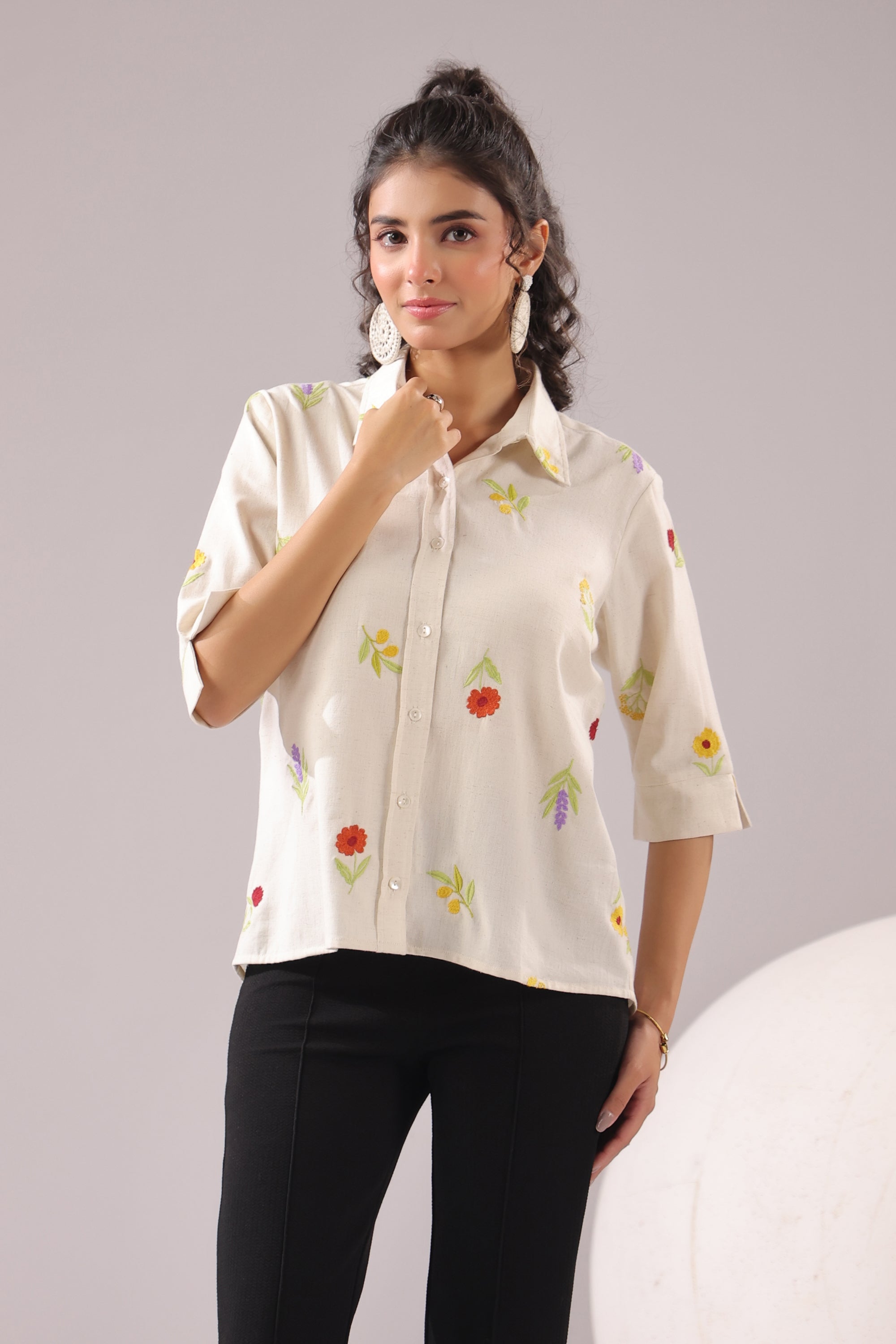 Ivory Meadow Embroidered Cotton Flex Shirt