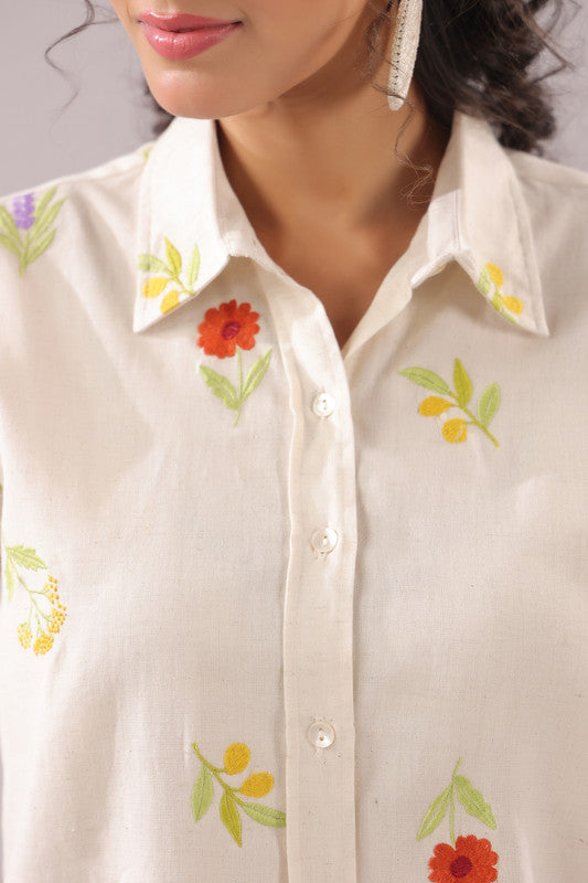 Ivory Meadow Embroidered Cotton Flex Shirt