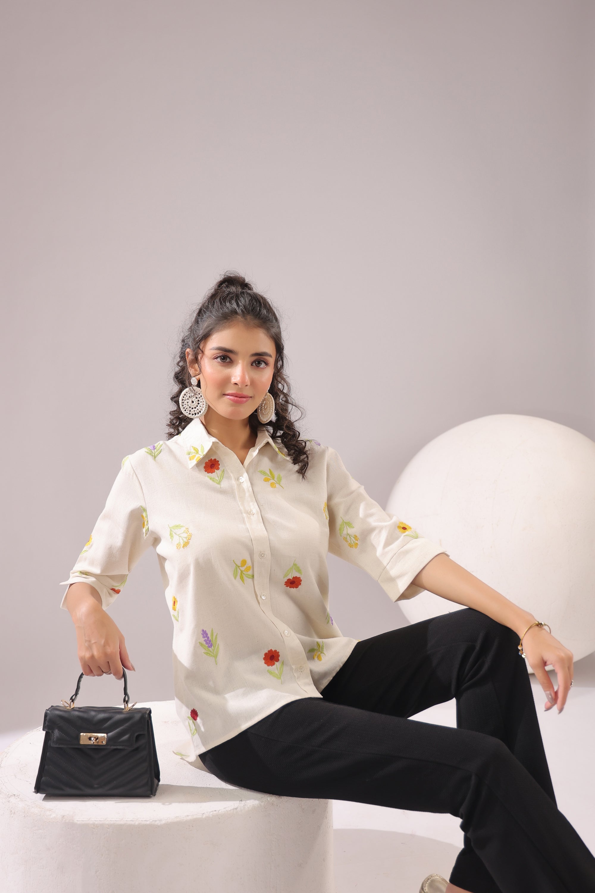 Ivory Meadow Embroidered Cotton Flex Shirt