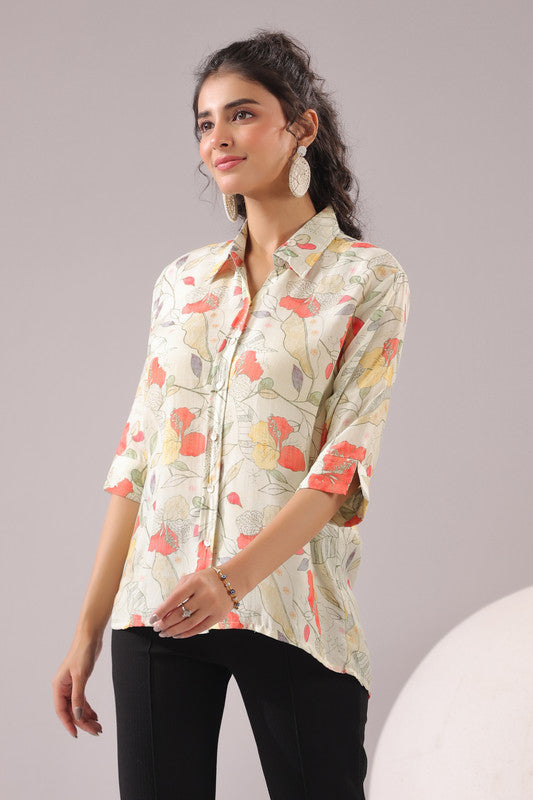 Floral Breeze Beige Printed Muslin Silk Shirt