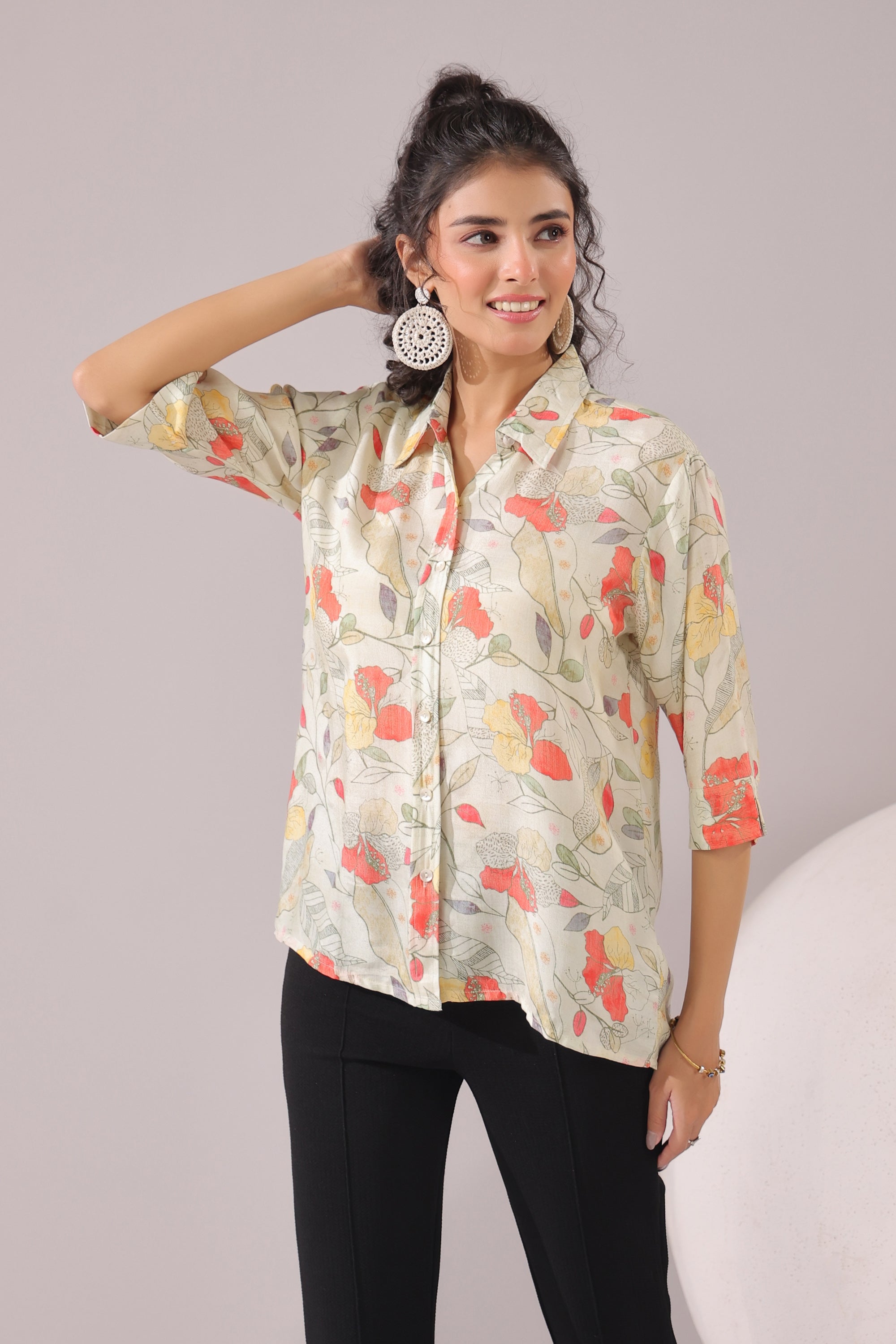 Floral Breeze Beige Printed Muslin Silk Shirt
