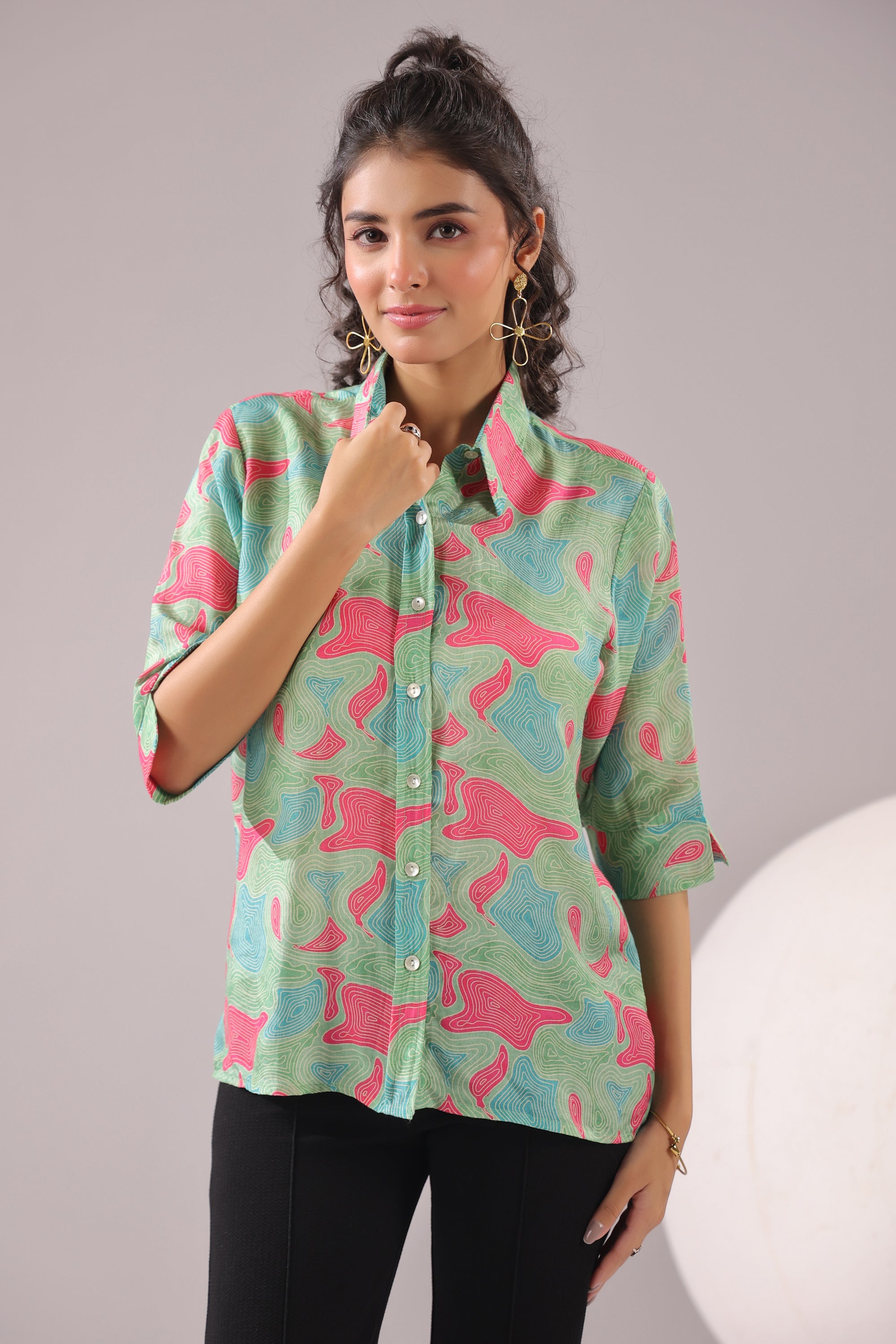Mint Maze Printed Muslin Silk Shirt