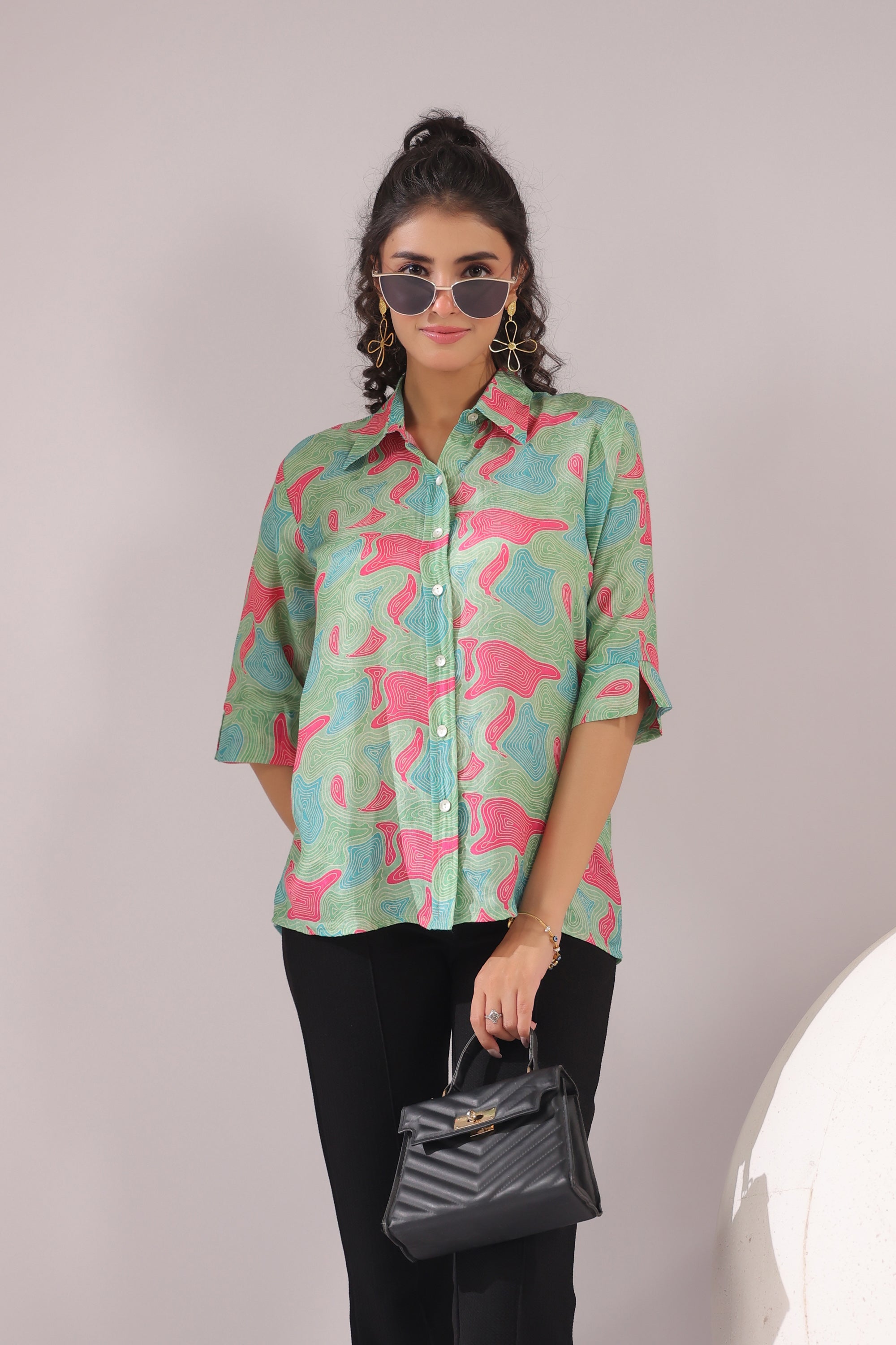 Mint Maze Printed Muslin Silk Shirt
