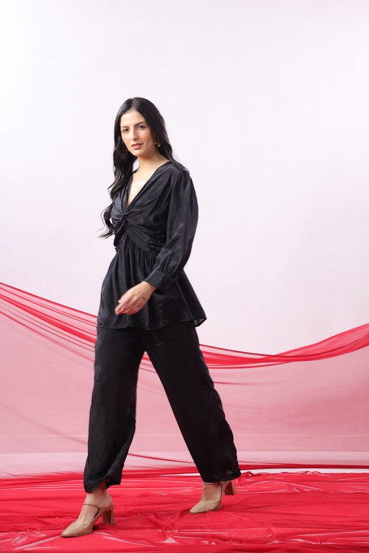 Black Solid Ruched Front Knot Detail Co-ord Set