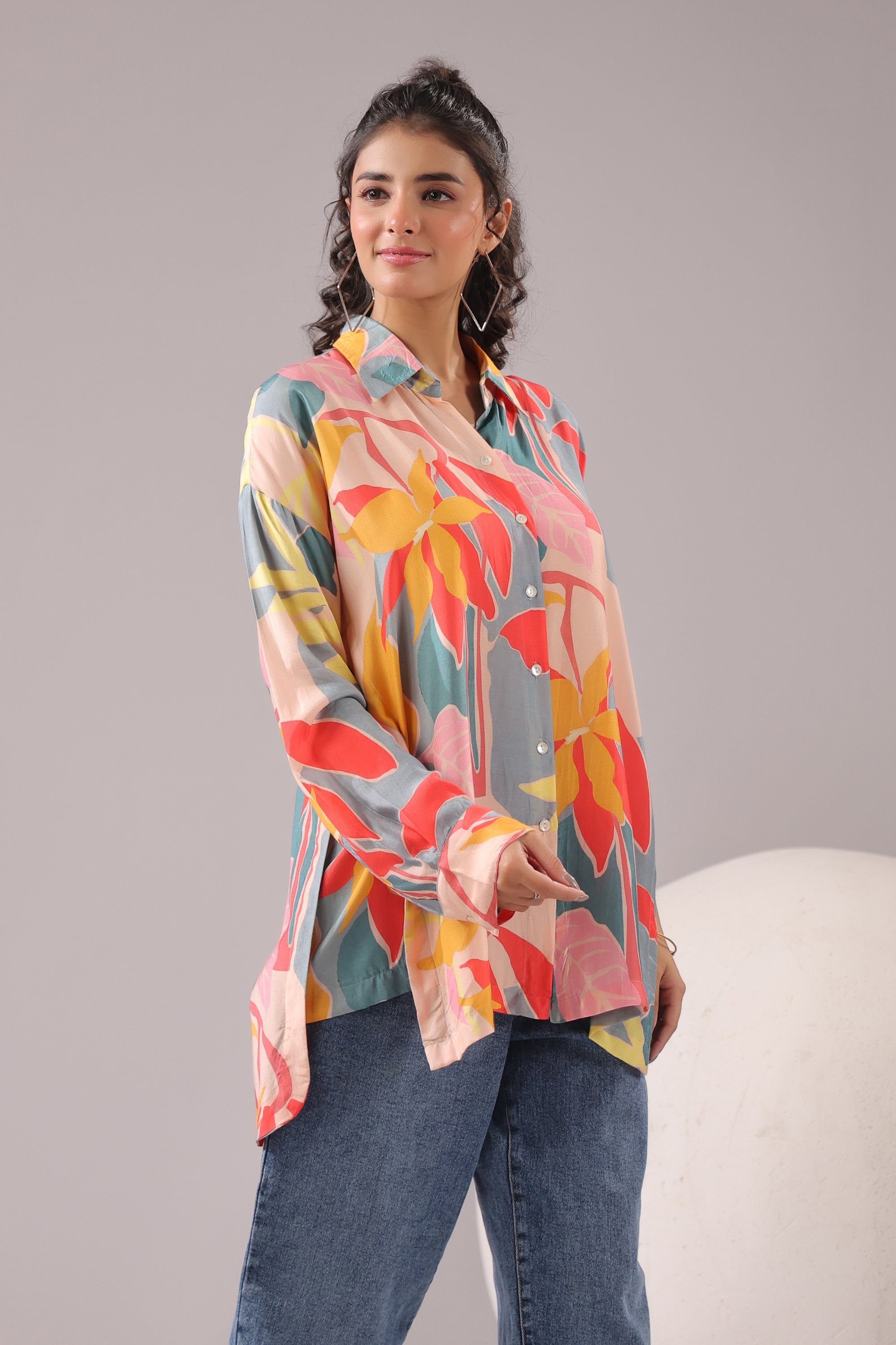 Tropical Bloom Printed Muslin Silk Shirt