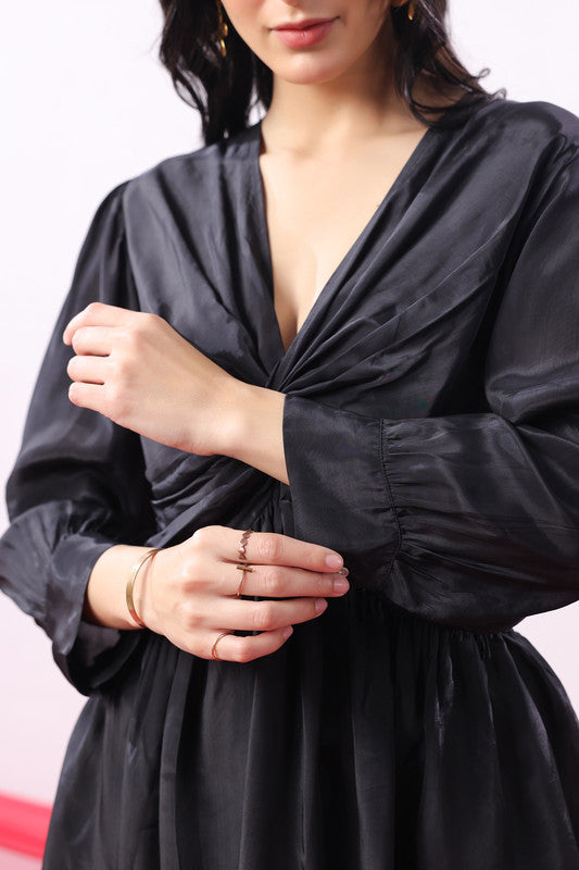 Black Solid Ruched Front Knot Detail Co-ord Set