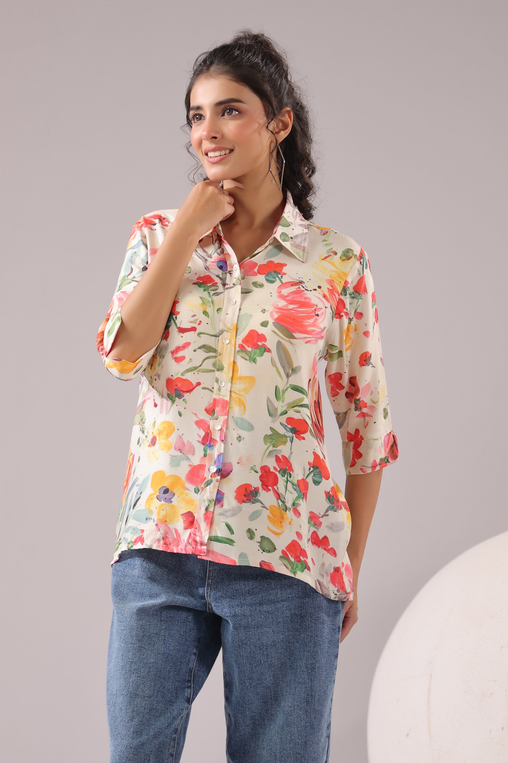 Spring Splash Printed Muslin Silk Shirt