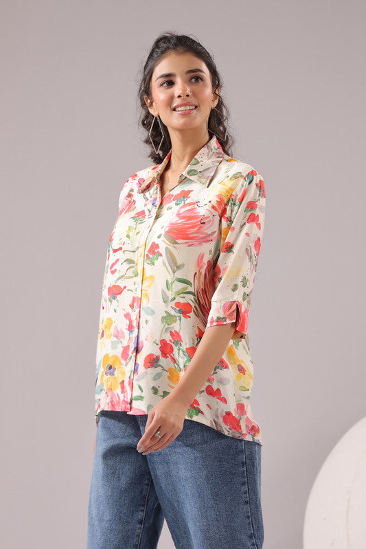 Spring Splash Printed Muslin Silk Shirt