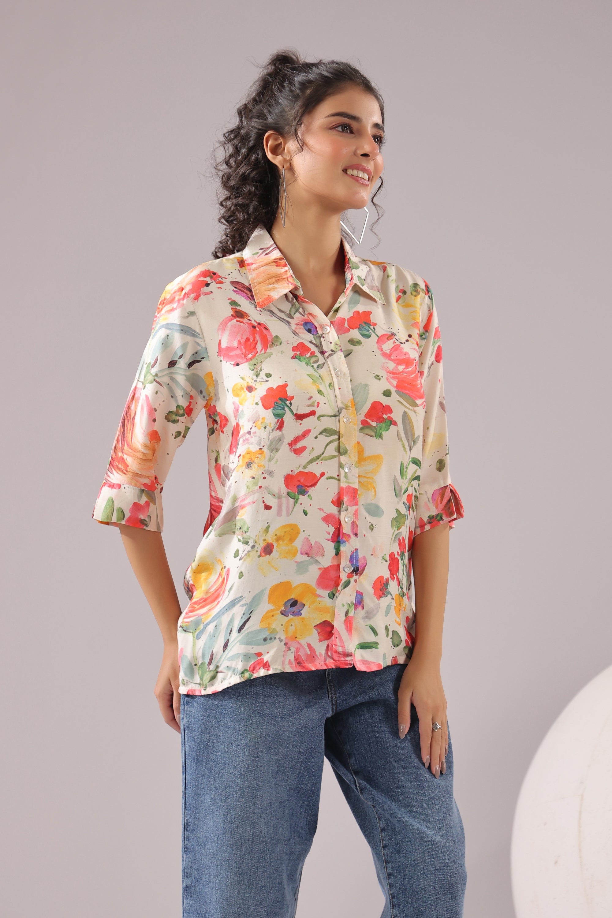 Spring Splash Printed Muslin Silk Shirt