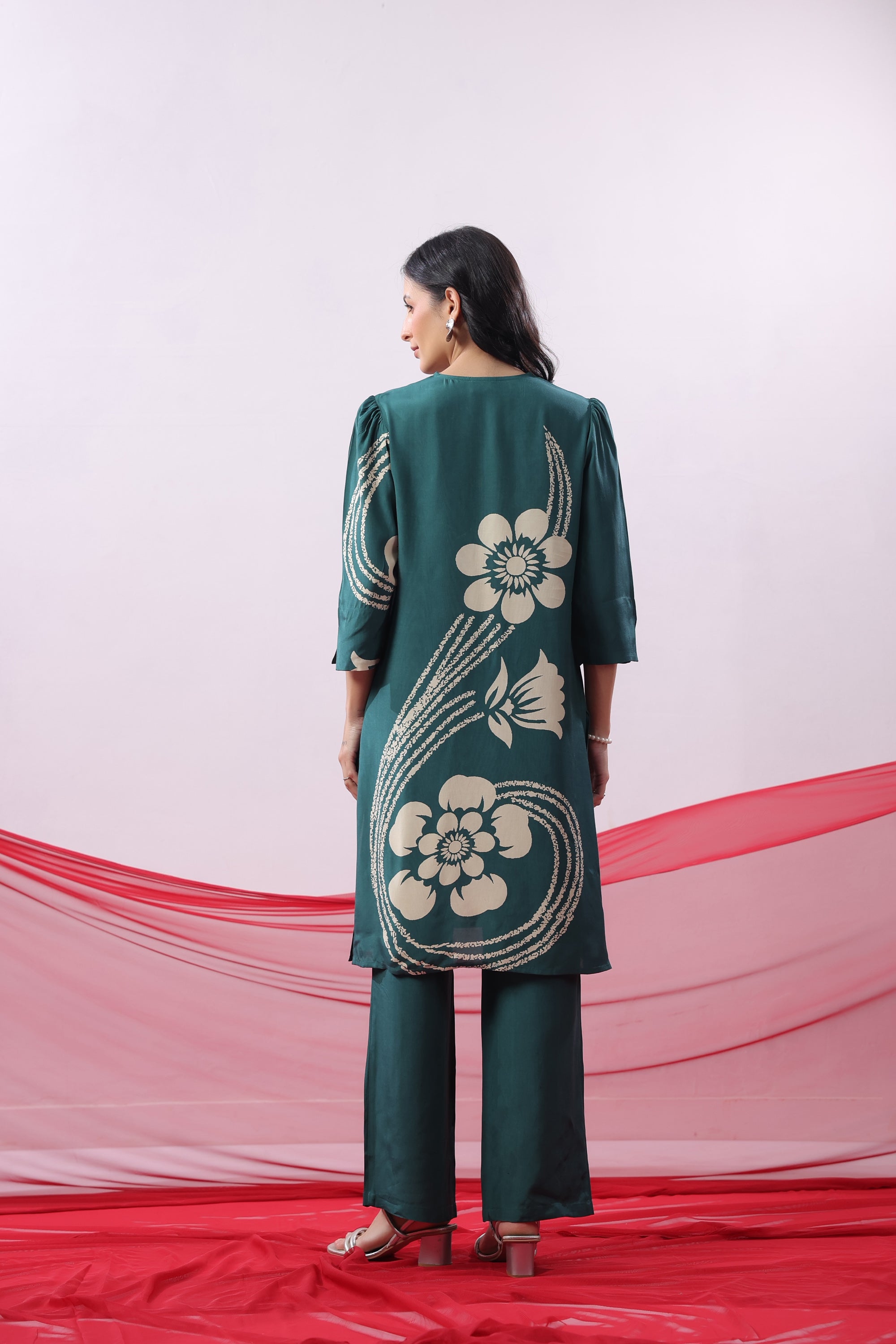 Teal Green Floral Printed Russian Silk Co-ord Set