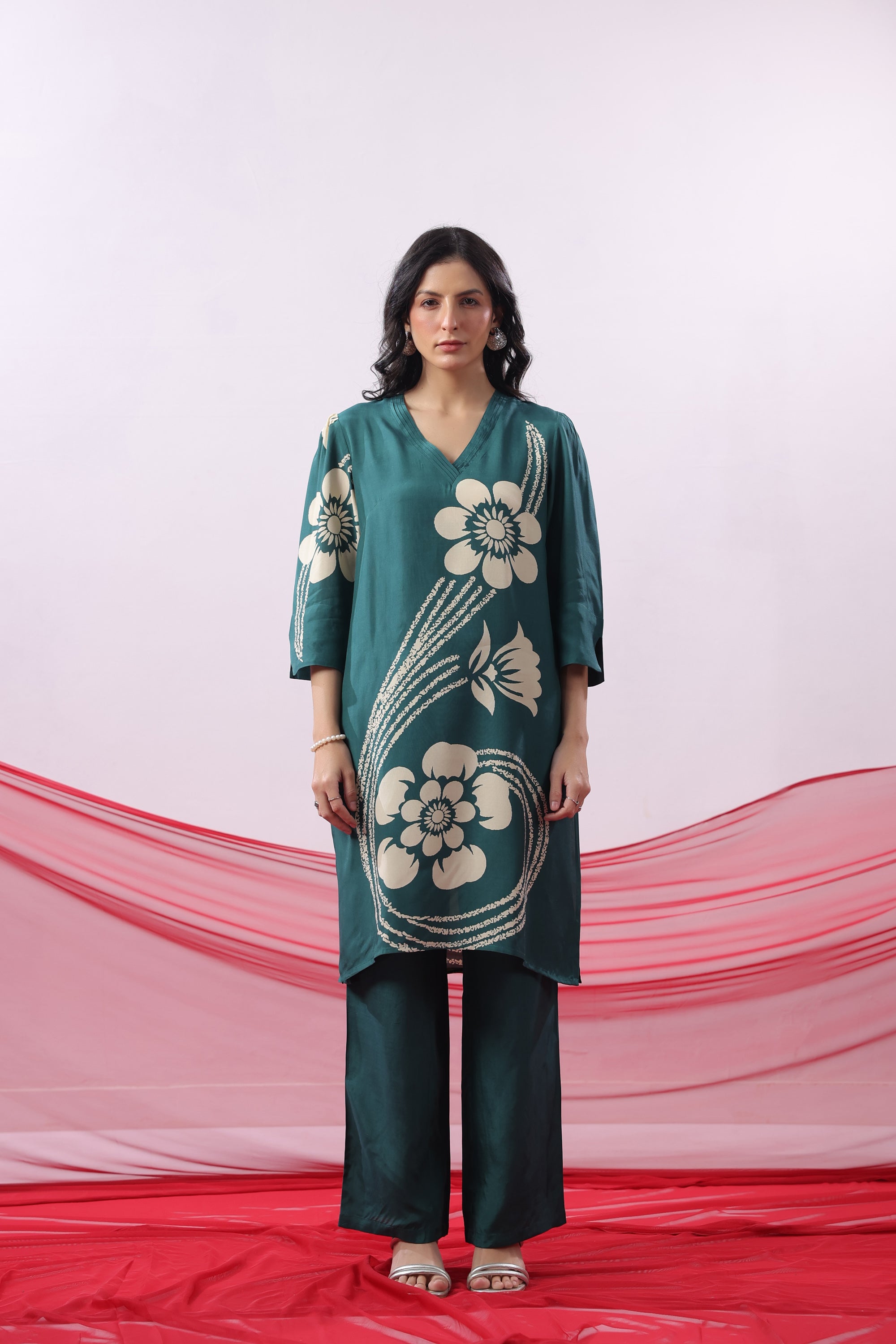 Teal Green Floral Printed Russian Silk Co-ord Set