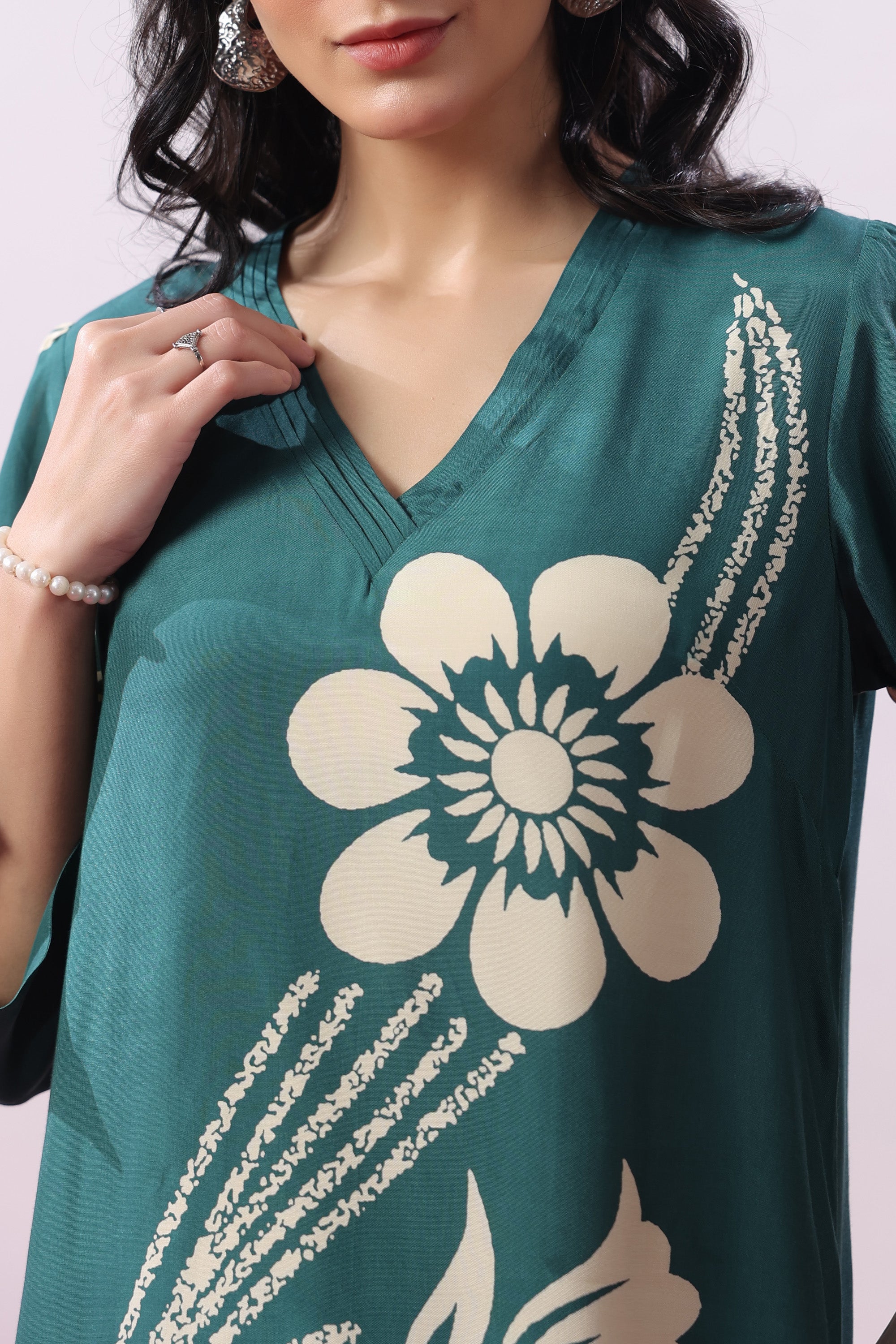 Teal Green Floral Printed Russian Silk Co-ord Set